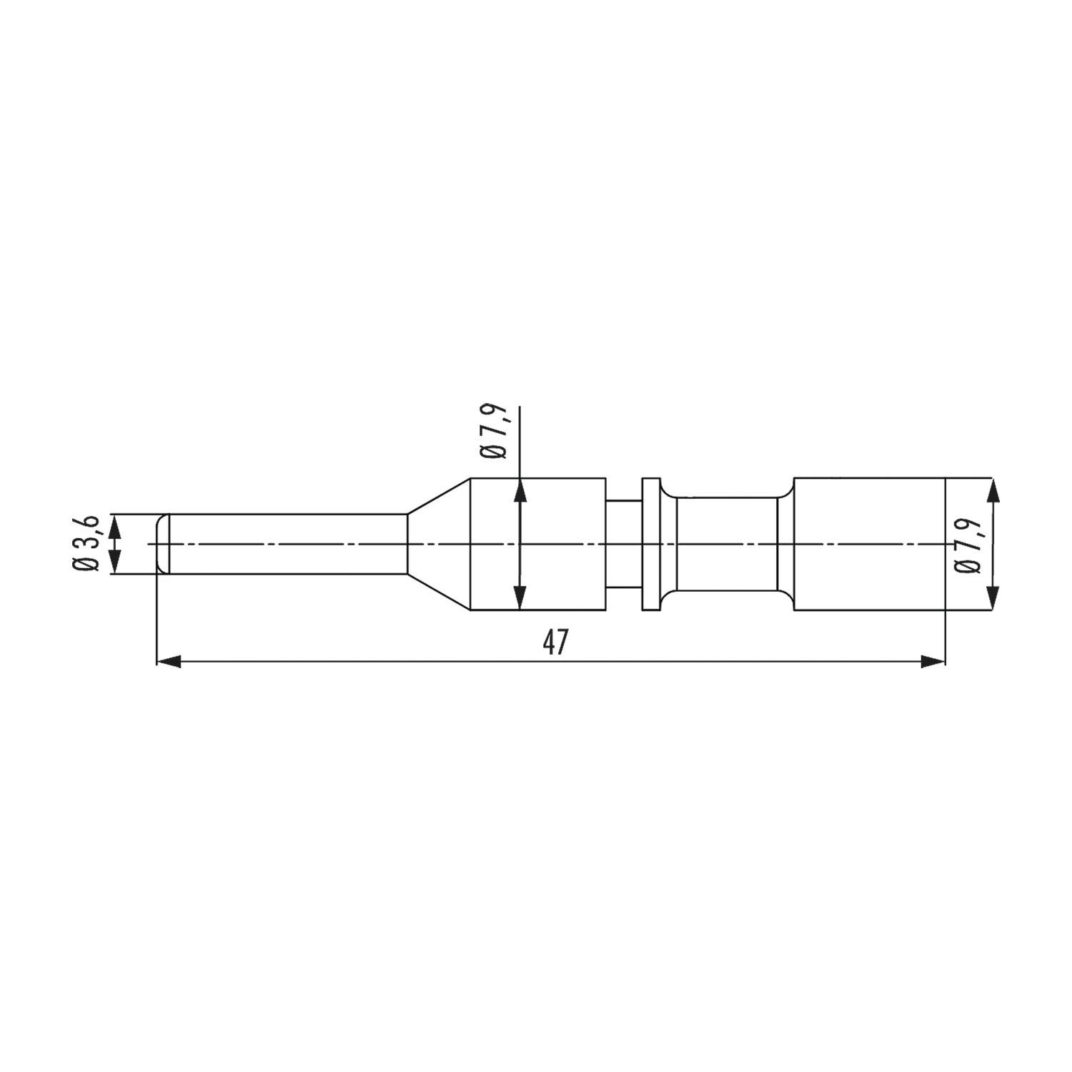 Eine technische Zeichnung eines zylindrischen Metallstifts mit Abmessungen: 47 mm Länge, Durchmesser 7,9 mm und 3,6 mm, mit detaillierten Spezifikationen.