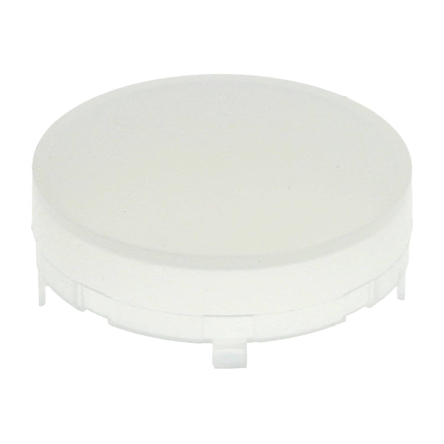 Eine runde, weiße Plastikabdeckung mit glatter Oberfläche, die zum Abdichten oder Schützen von Gegenständen verwendet wird und möglicherweise Teil eines Behälters oder einer Verpackung ist.