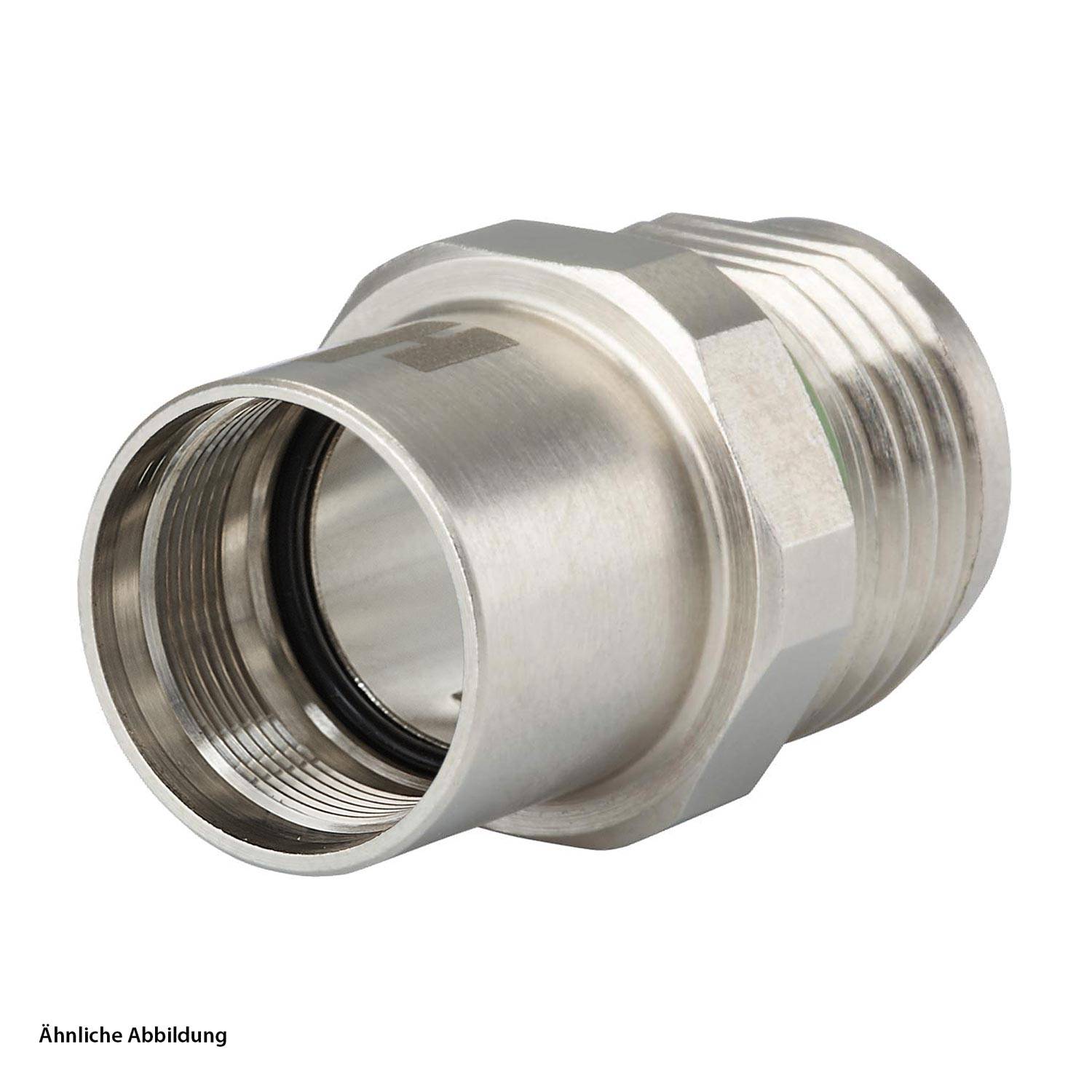 Metallrohranschluss; gewindeförmiger zylindrischer Verbindungsteil in schräger Ansicht zur Darstellung der Anschlüsse; verwendet zum Verbinden von Rohren in der Sanitär- oder Industrietechnik.