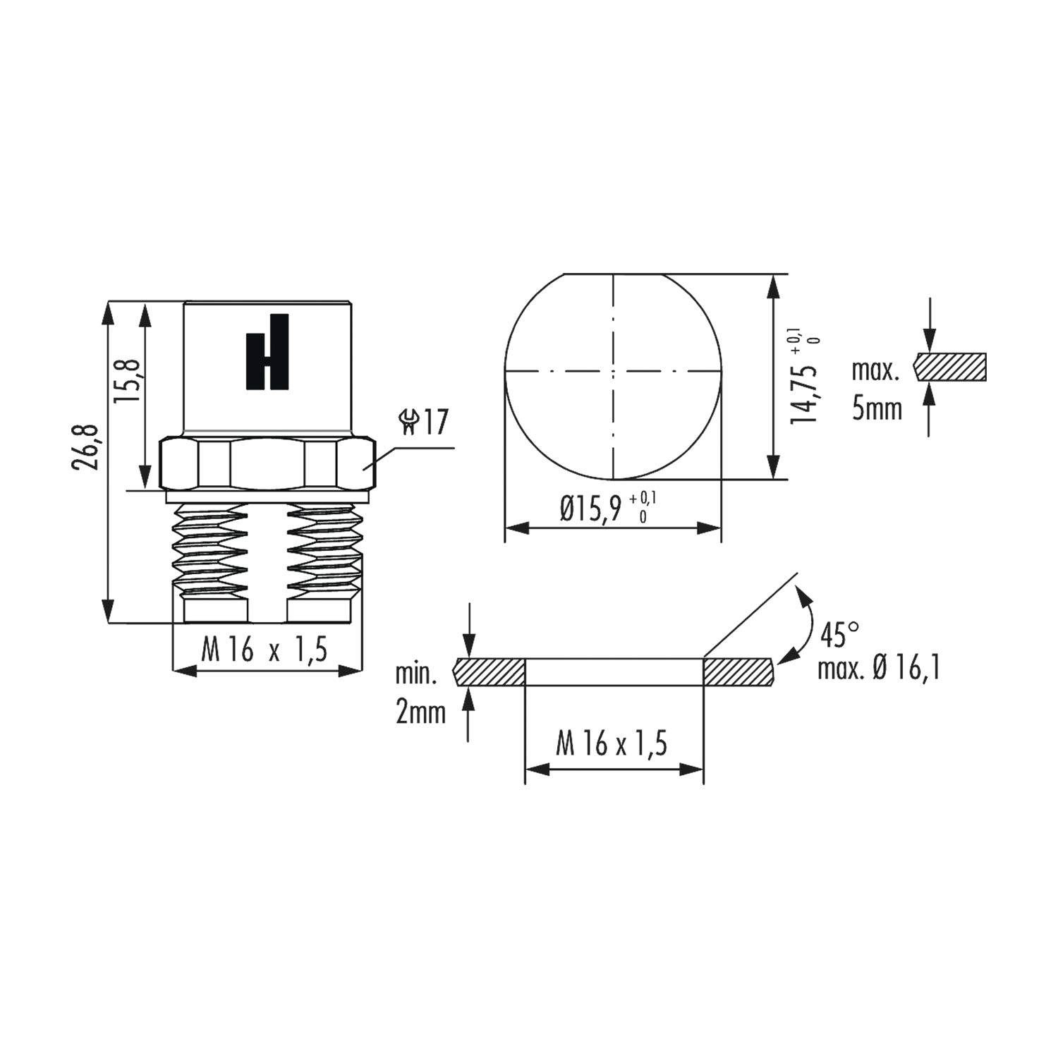 Technische Zeichnung eines zylindrischen Steckers mit Abmessungen: Höhe 26,8 mm, Breite 17 mm und Gewindegröße M16 x 1,5. Maximale Einschraubtiefe 5 mm.