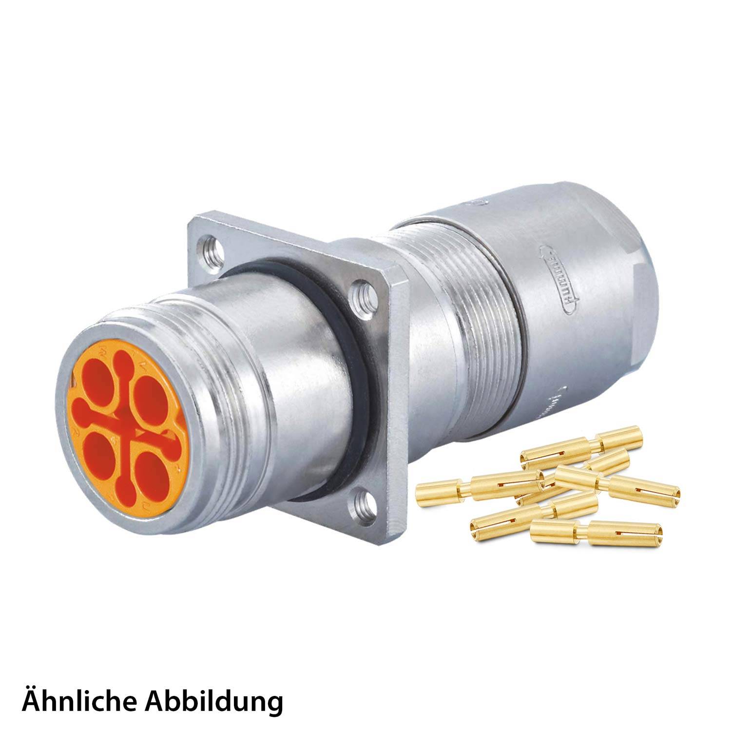 Ein metallischer Industrieverbinder mit mehreren kreisförmigen Anschlüssen und einigen kleinen, goldfarben Stiften in der Nähe.