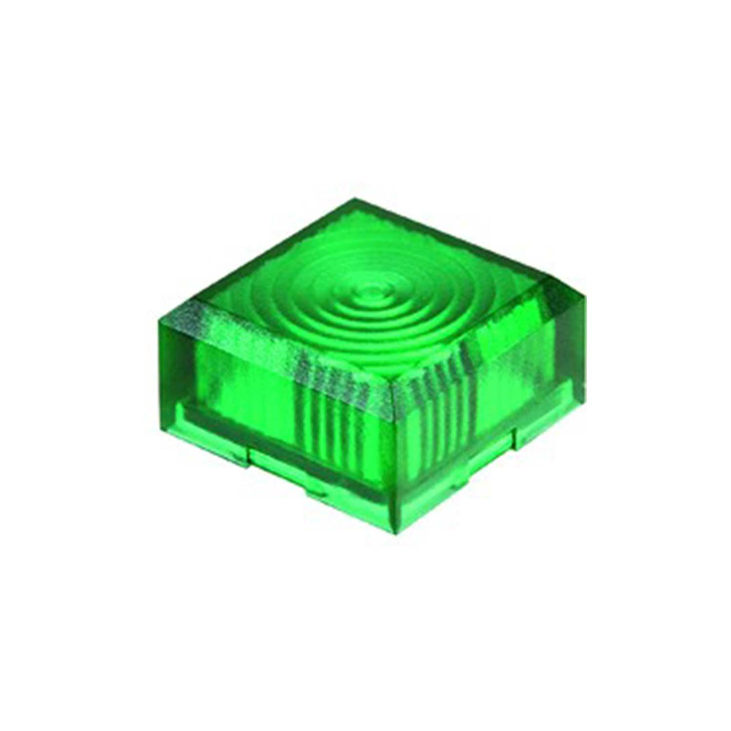 Eine kleine, transparente grüne Plastikquadratbox mit einem gerillten Muster auf der Oberseite.