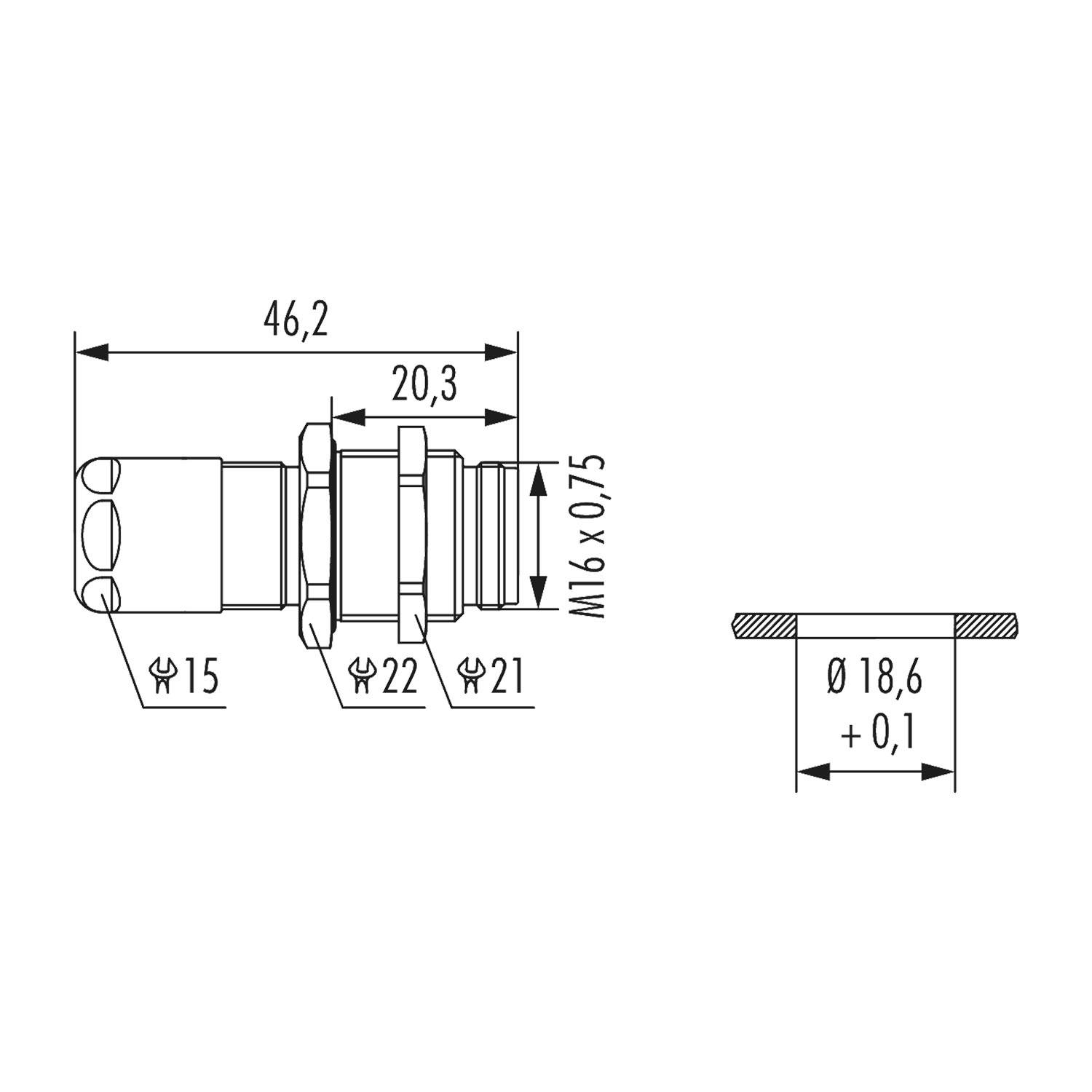 Technische Zeichnung eines Metall-Verbindungselements, Dimensionen beschriftet: 46,2 mm Länge, M16x0,75 Gewindenennweite, verschiedene Durchmesser: 15 mm, 22 mm, 21 mm, 18,6 mm.