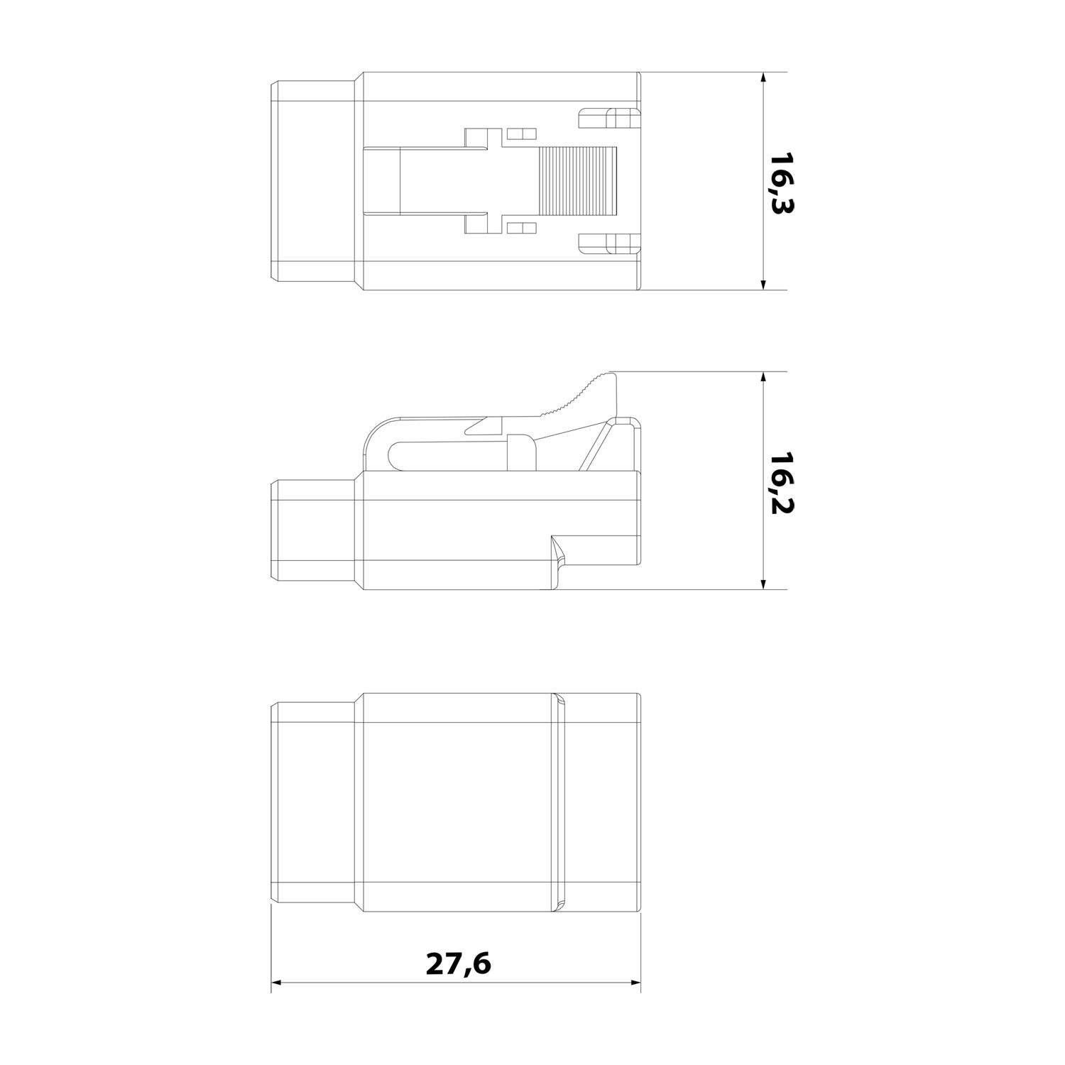Technische Zeichnung eines Geräts mit drei Seitenansichten, die Abmessungen zeigen: Breite 27,6, Höhe 16,3 und 16,2 Einheiten.