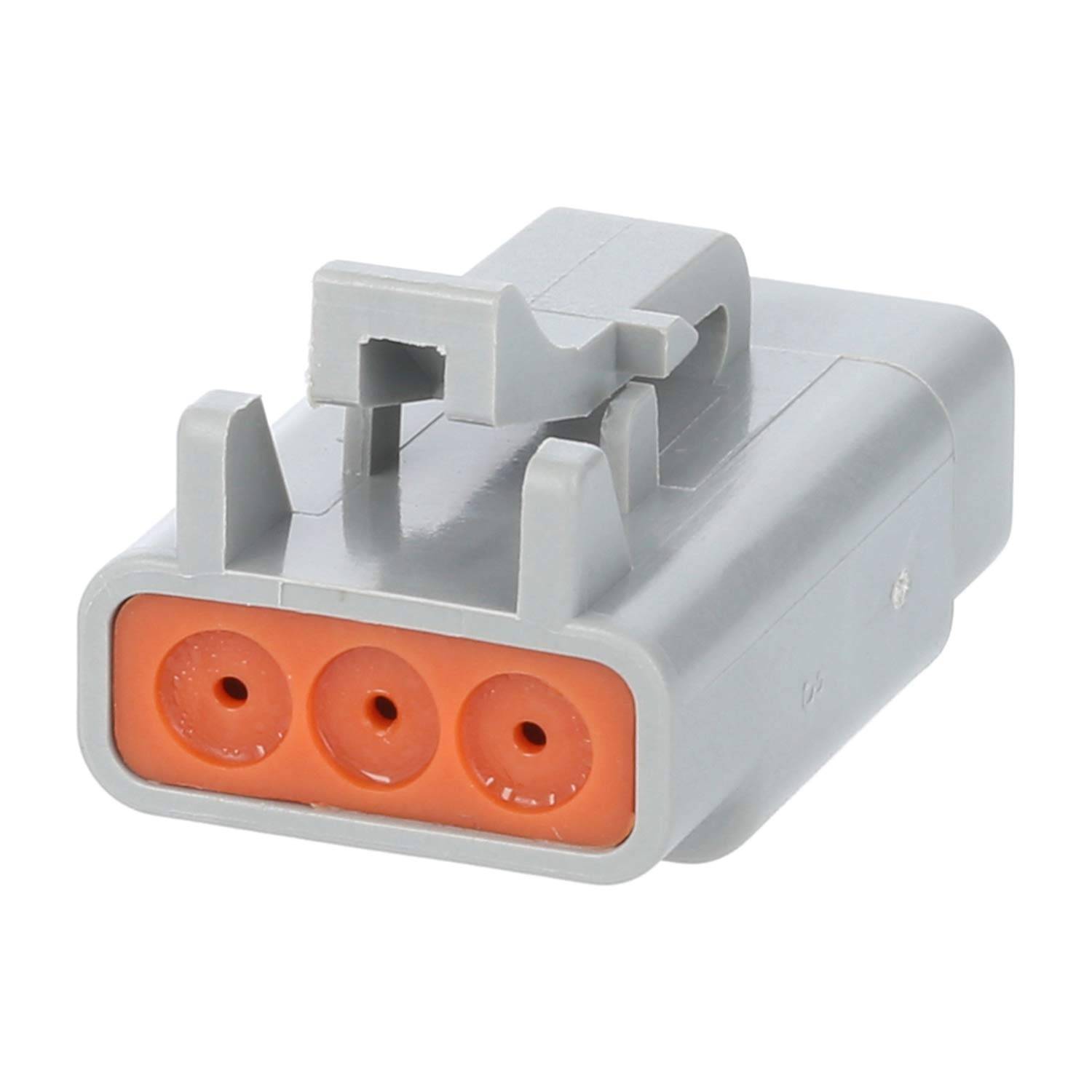 Ein grauer Kunststoff-Elektroverbinder mit drei runden orangefarbenen Buchsen, geeignet für Automotive- oder Industrieanwendungen.