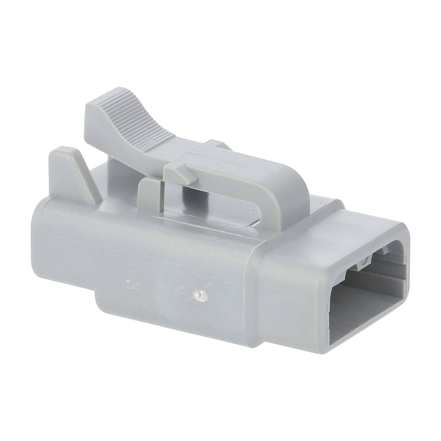 Ein grauer Kunststoffverbinder in rechteckiger Form mit einer Clip-Vorrichtung oben, der typischerweise in der Automobil- oder Elektronik-Verkabelung zum Einsatz kommt.