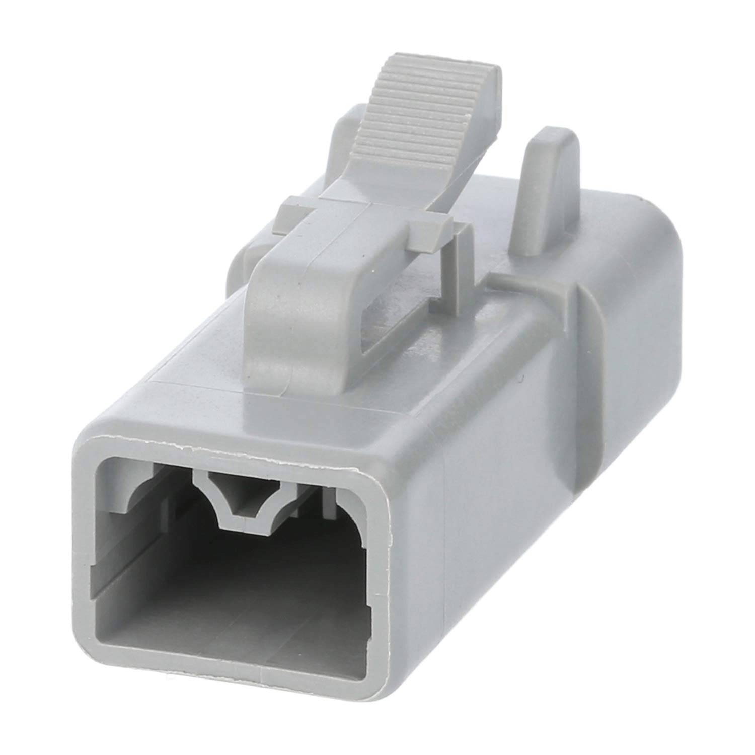 Ein graues Kunststoff-Automotive-Anschlussgehäuse mit rechteckiger Form und Verriegelungsmechanismus, konzipiert für sichere elektrische Verbindungen.