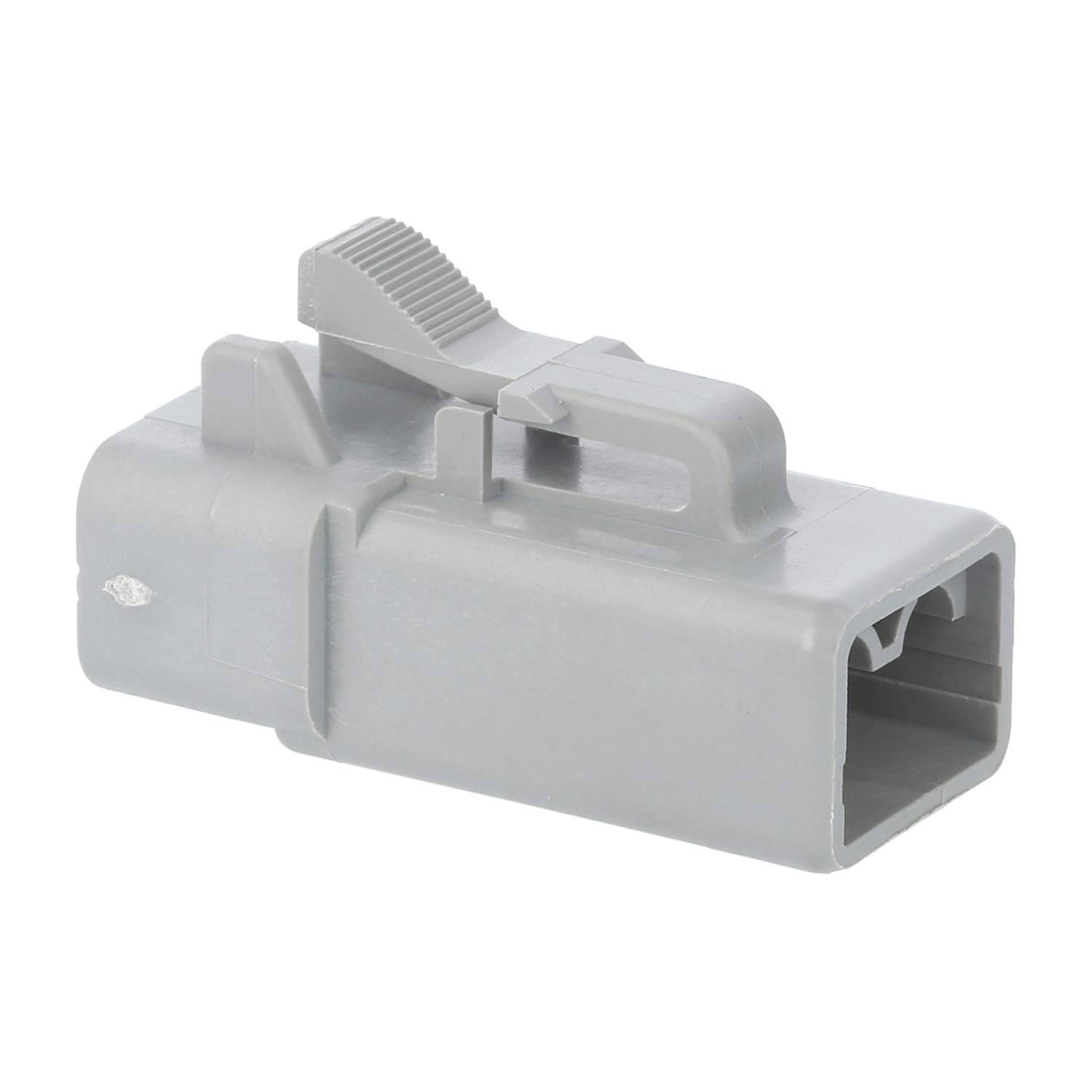 Rechteckiger grauer Kunststoffverbinder mit einem Clips oben, der für sichere elektrische Kabelverbindungen entwickelt wurde.