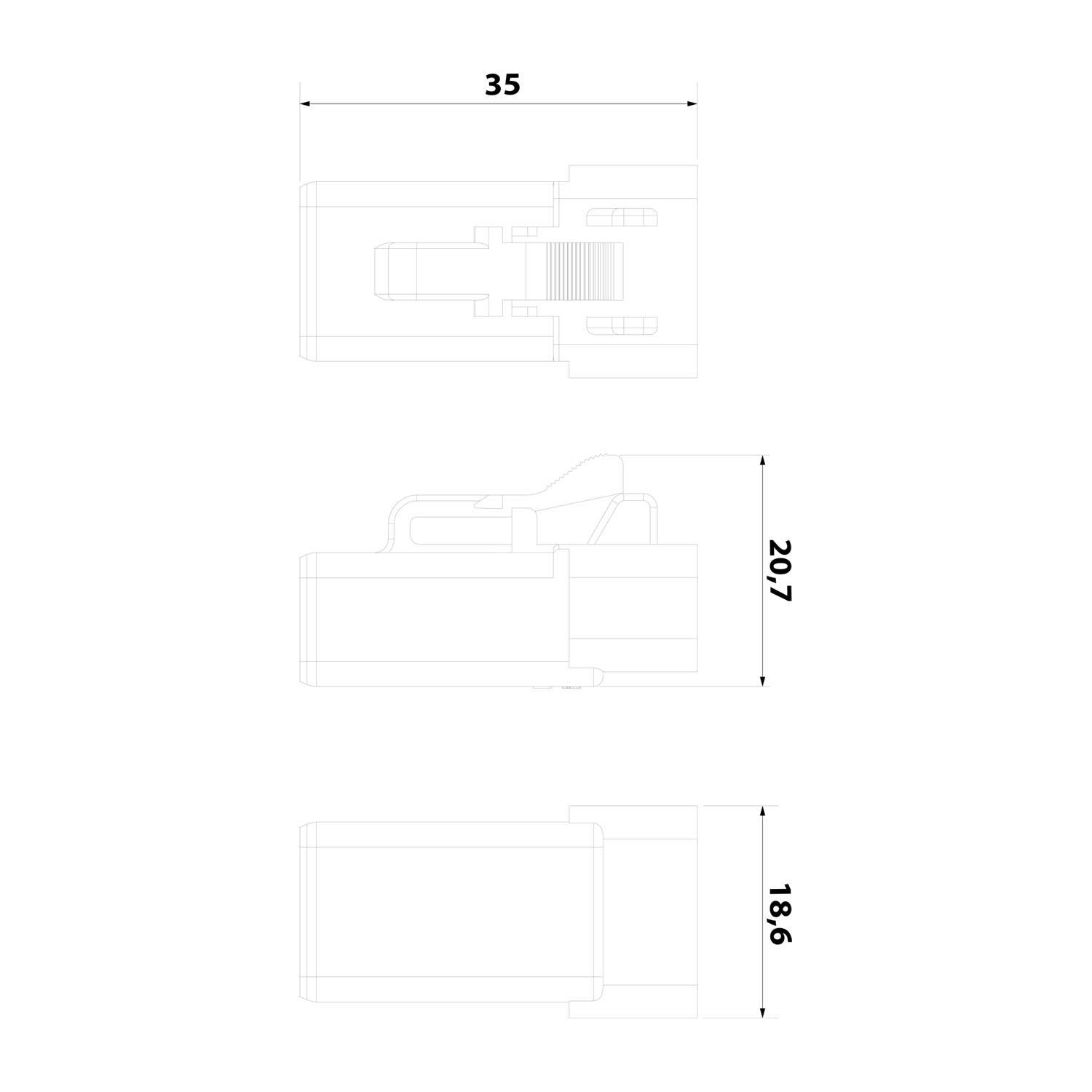 Technische Zeichnung eines Anschlusses: Draufsicht mit Breite 35, Seitenansicht mit Länge 20,7 und Frontansicht mit Höhe 18,6.