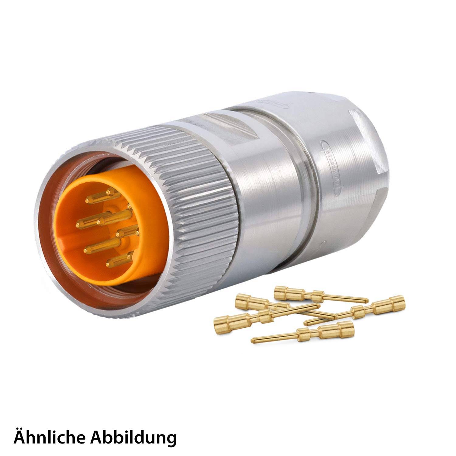 Ein metallischer zylindrischer Anschluss mit einem kreisförmigen Muster goldener Stifte wird gezeigt, zusammen mit mehreren losen goldenen Kontaktstiften.