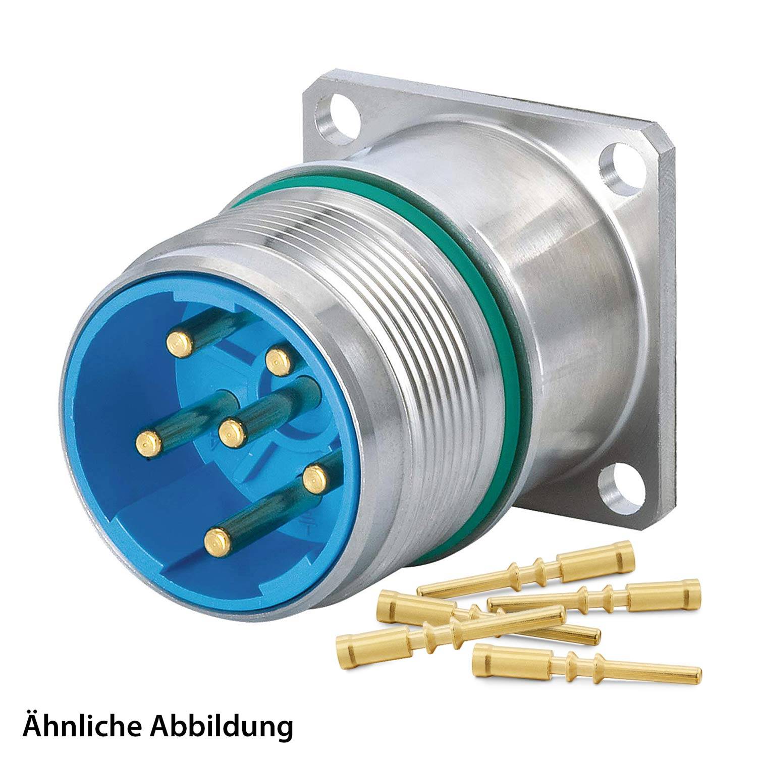 Ein zylindrischer Metall-Elektroverbinder mit fünf hervorstehenden Stiften und vier Befestigungslöchern, dargestellt mit vier separaten Messingkontakten daneben.