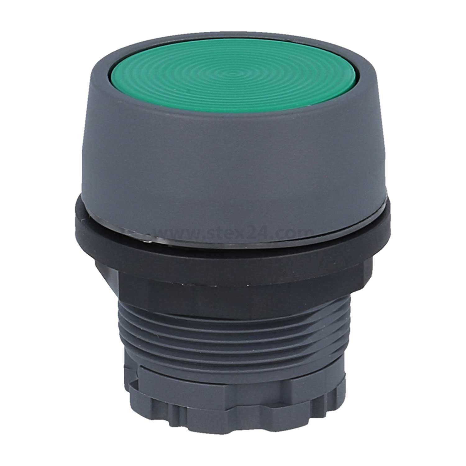 Ein runder, grüner Drucktaster mit strukturierter Oberfläche, eingebaut in einem grau-schwarzen Gehäuse, der typischerweise in industriellen Steuerungstafeln verwendet wird.