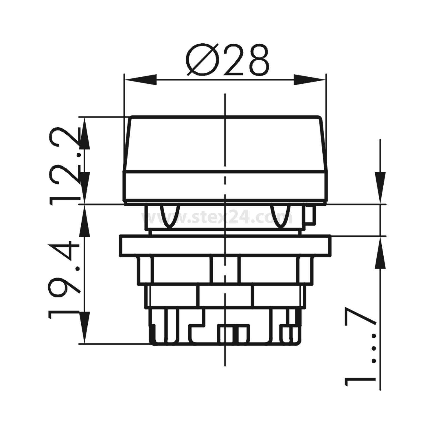 Technische Zeichnung eines Knopfes mit Abmessungen: Durchmesser 28 mm, Höhe 12,2 mm, Basishöhe 1,7 mm, Gesamthöhe 19,4 mm.