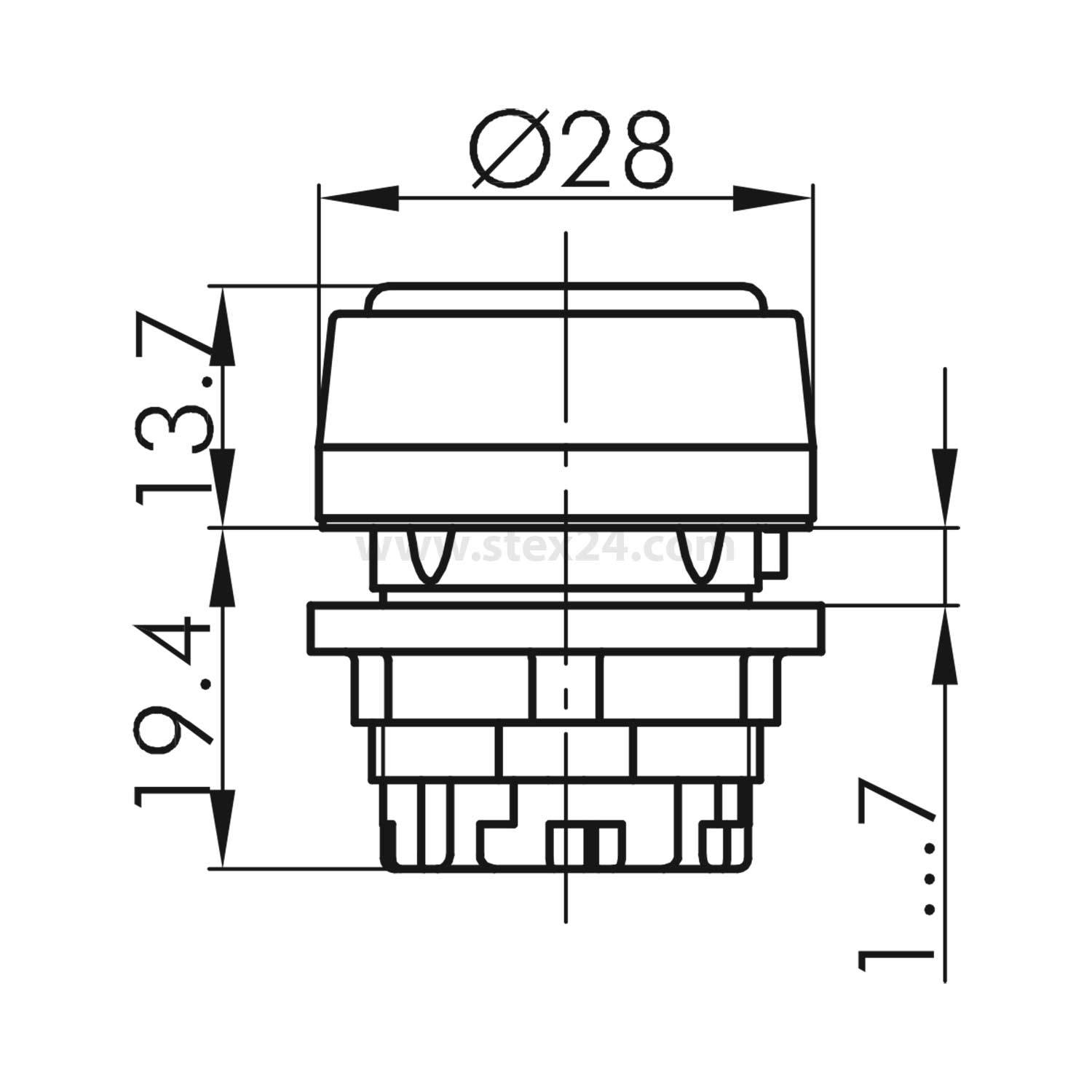 Technische Zeichnung eines Drucktastenschalters mit einem Durchmesser von 28 mm, einer Höhe von 13,7 mm für den Tastenteil und einer Gesamthöhe von 19,4 mm.