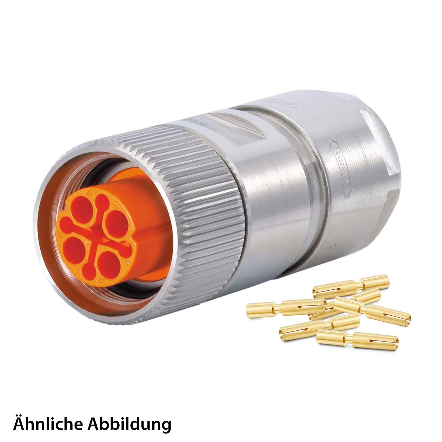 Ein metallischer elektrischer Anschluss mit orangefarbenem Innenraum zeigt vier runde Anschlüsse. Mehrere goldene Stiftkontakte liegen daneben.