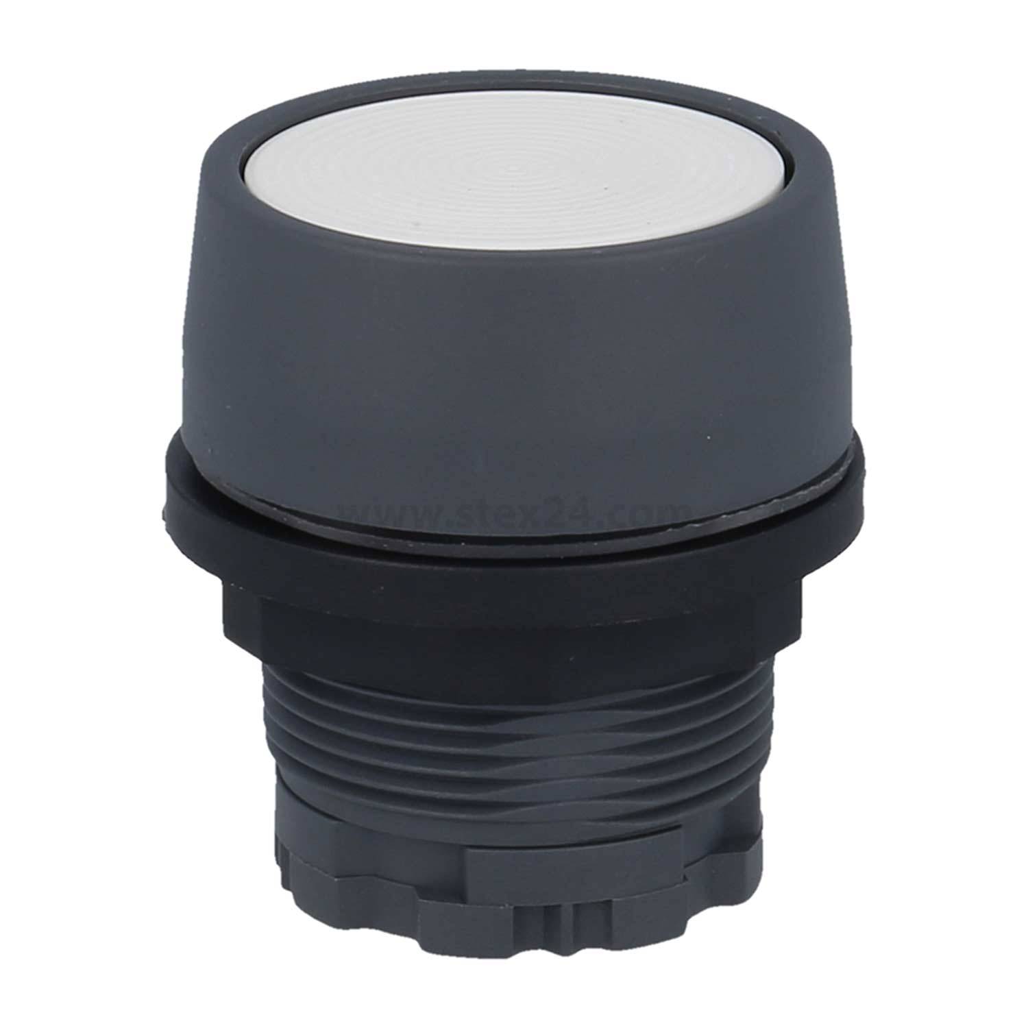 Eine runde, graue elektronische Komponente mit Rillen und einer flachen, weißen Oberfläche, die am Fuß über ein Gewinde zur Montage verfügt.