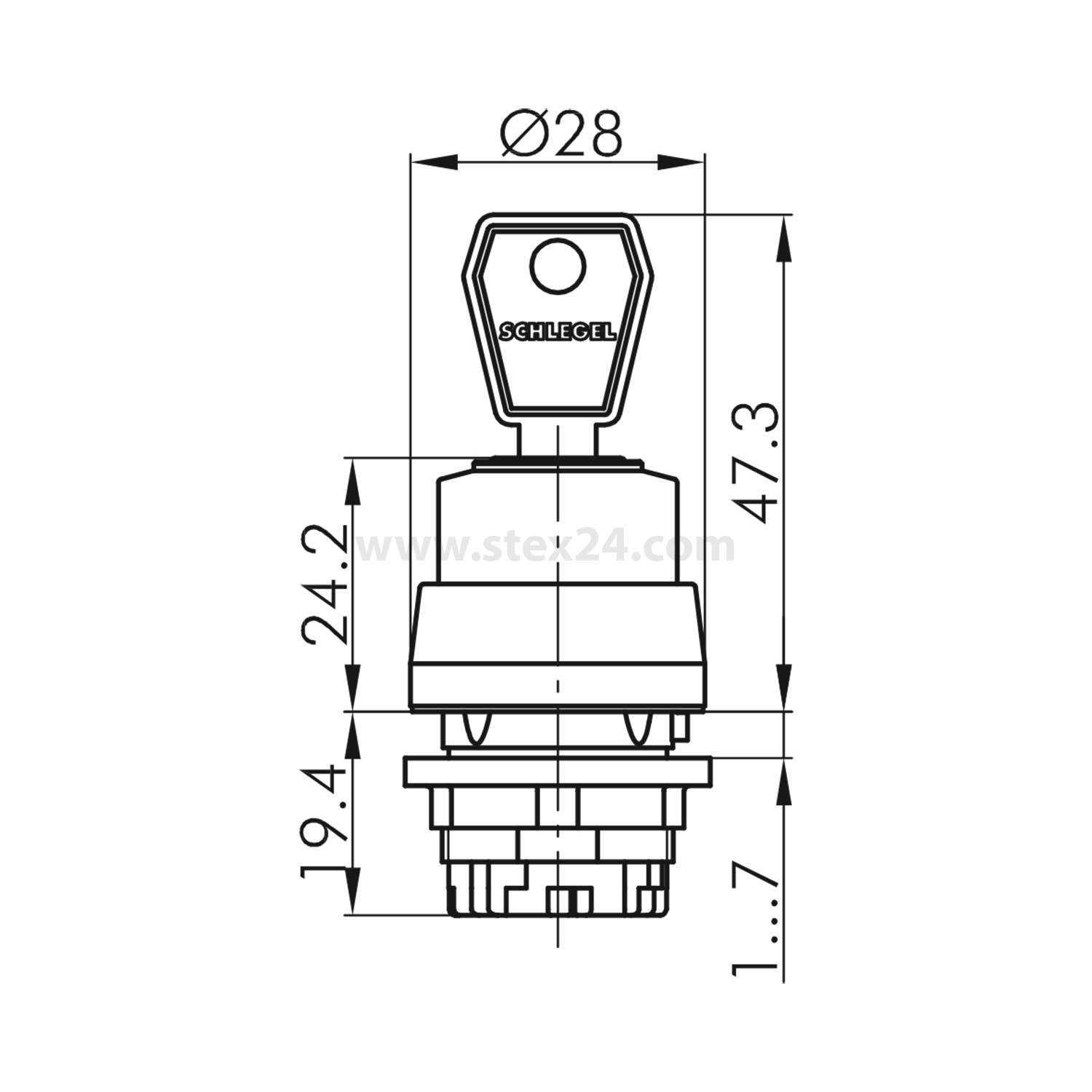Technische Zeichnung eines Schlüsselschalters mit Bezeichnung 'Schlegel', mit angegebenen Abmessungen: 28 mm Durchmesser, Höhe 47,3 mm und Basishöhe 19,4 mm.