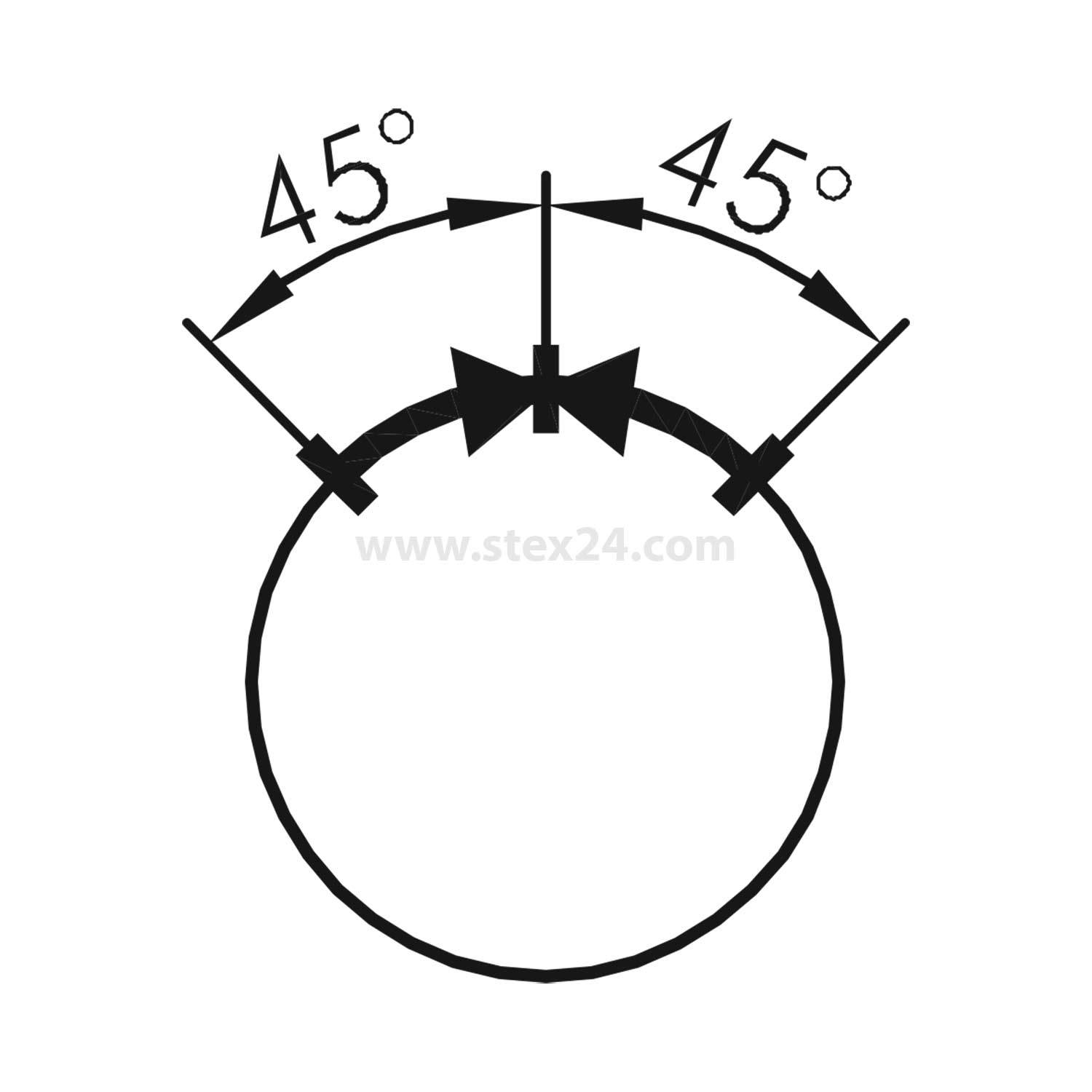 Logo von 'Stex24.com' mit einem Kreis. Zwei Pfeile an der Spitze bilden einen 90-Grad-Winkel, jeweils mit der Markierung '45°', mit einer zentralen Gestaltung, die einer Fliege ähnelt.