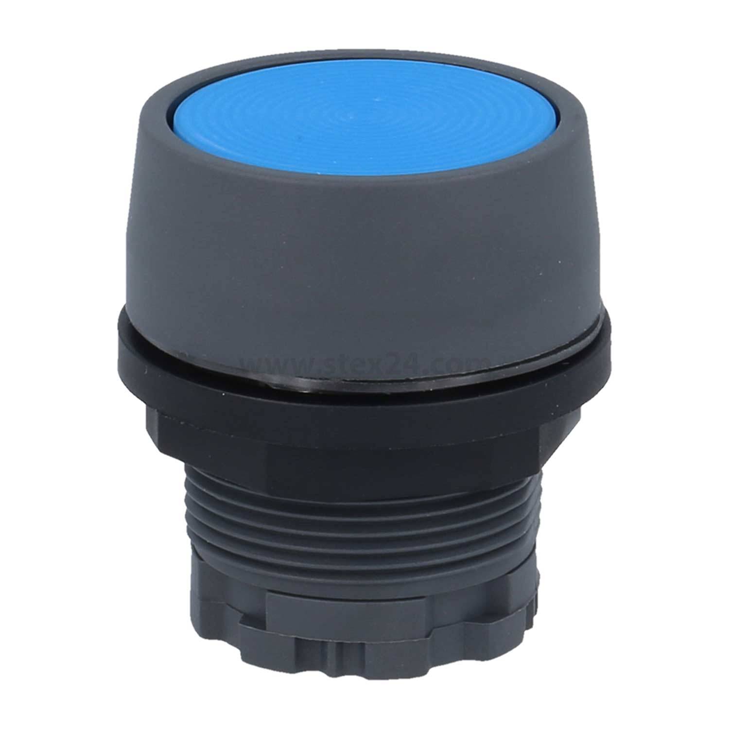 Drucktaster mit einer runden blauen Kappe und einem schwarzen Gehäuse, konzipiert für industrielle oder elektronische Anwendungen.