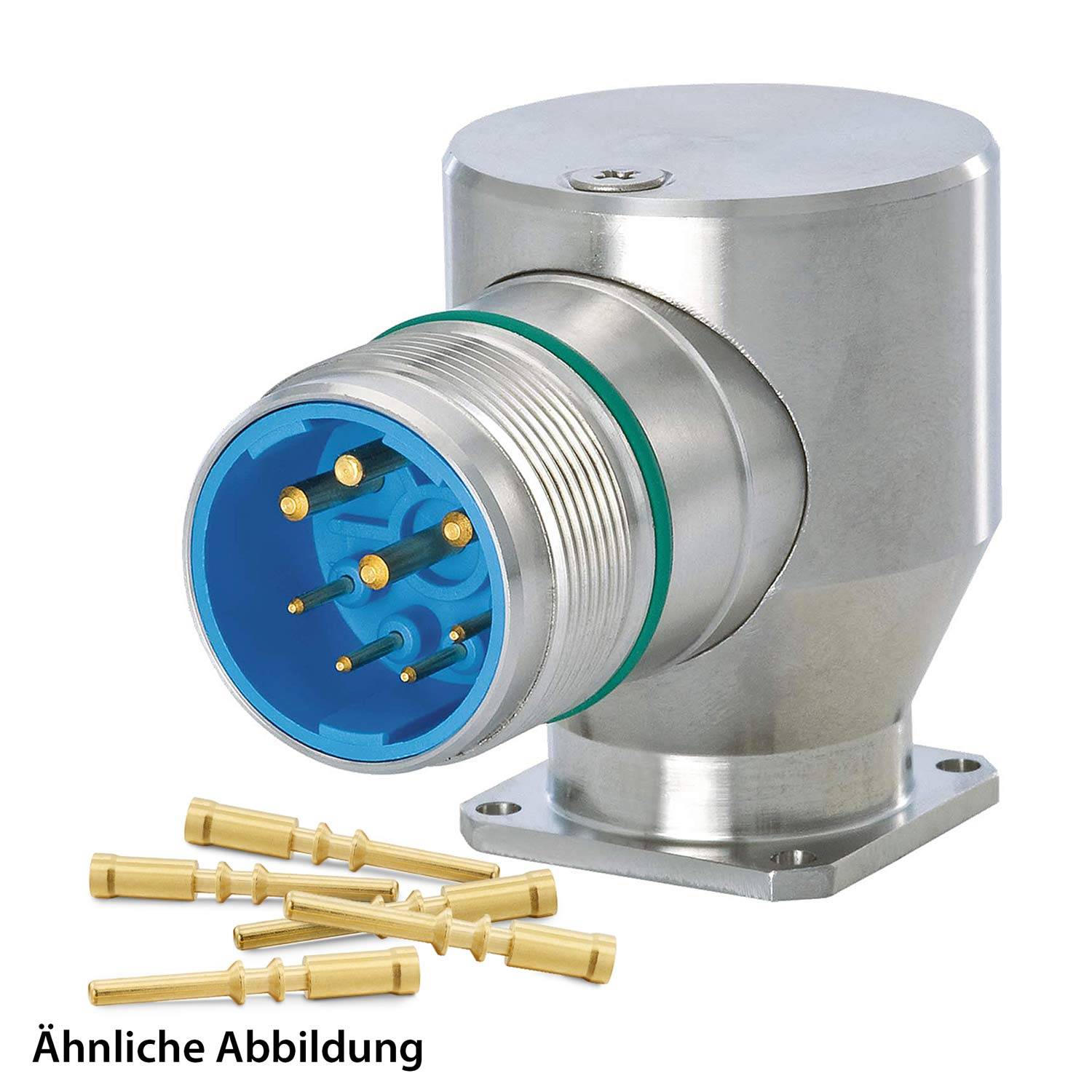 Eine ähnliche Darstellung. Metallischer elektrischer Verbinder mit mehreren Goldpins, auf einer Basis montiert. Zusätzliche Goldpins separat gezeigt.