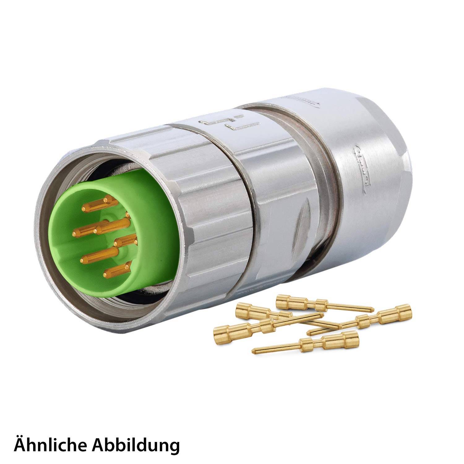 Ein Metallverbinder mit grünem Inneren und sechs Goldstiften, dargestellt mit vier abgelösten Goldstiften in der Nähe. Text auf dem Bild: Ähnliche Abbildung.