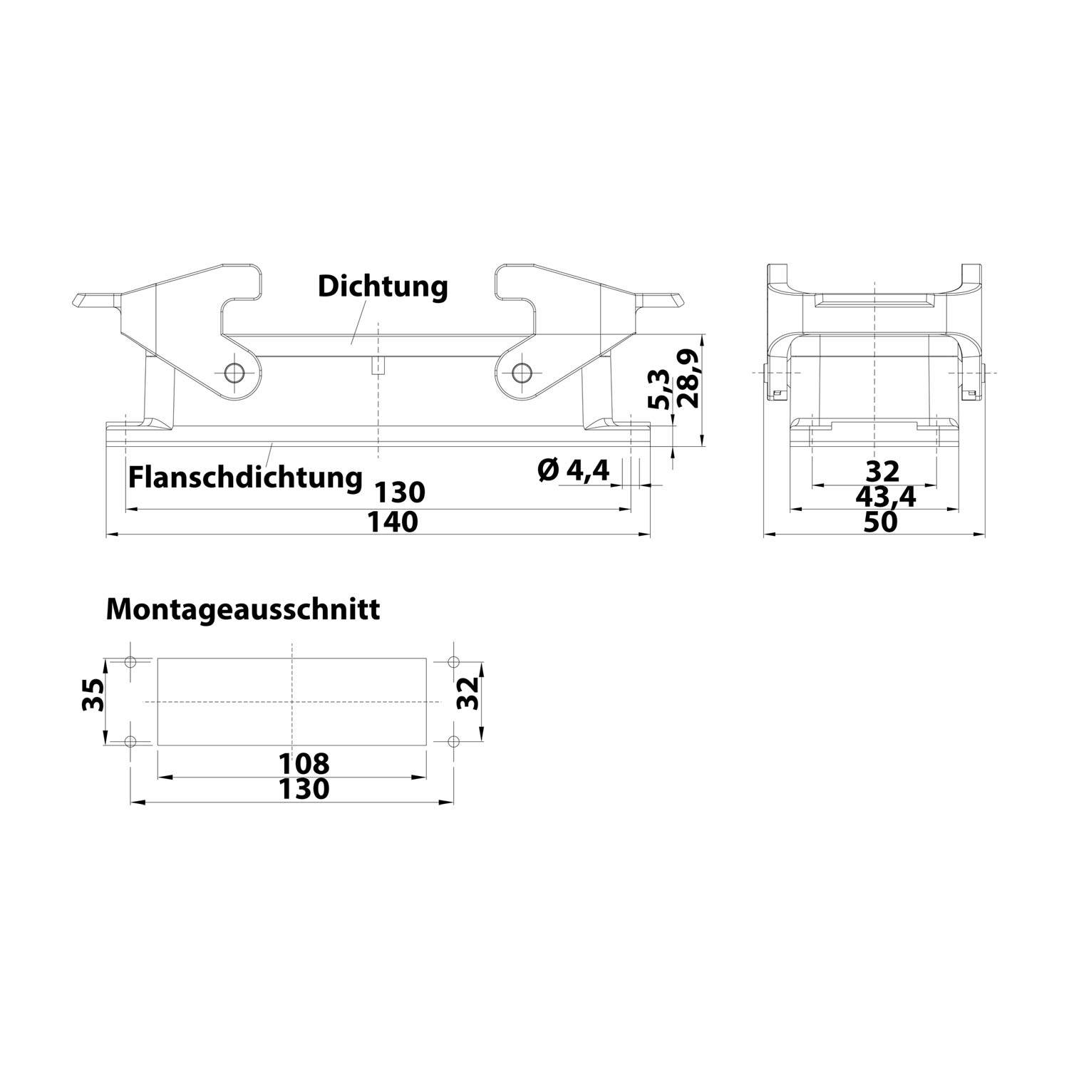 Technische Zeichnung zur Darstellung der Abmessungen einer Dichtungsanordnung. Hauptabmessungen umfassen Länge 130, Durchmesser 4,4 und Breite 108/130.
