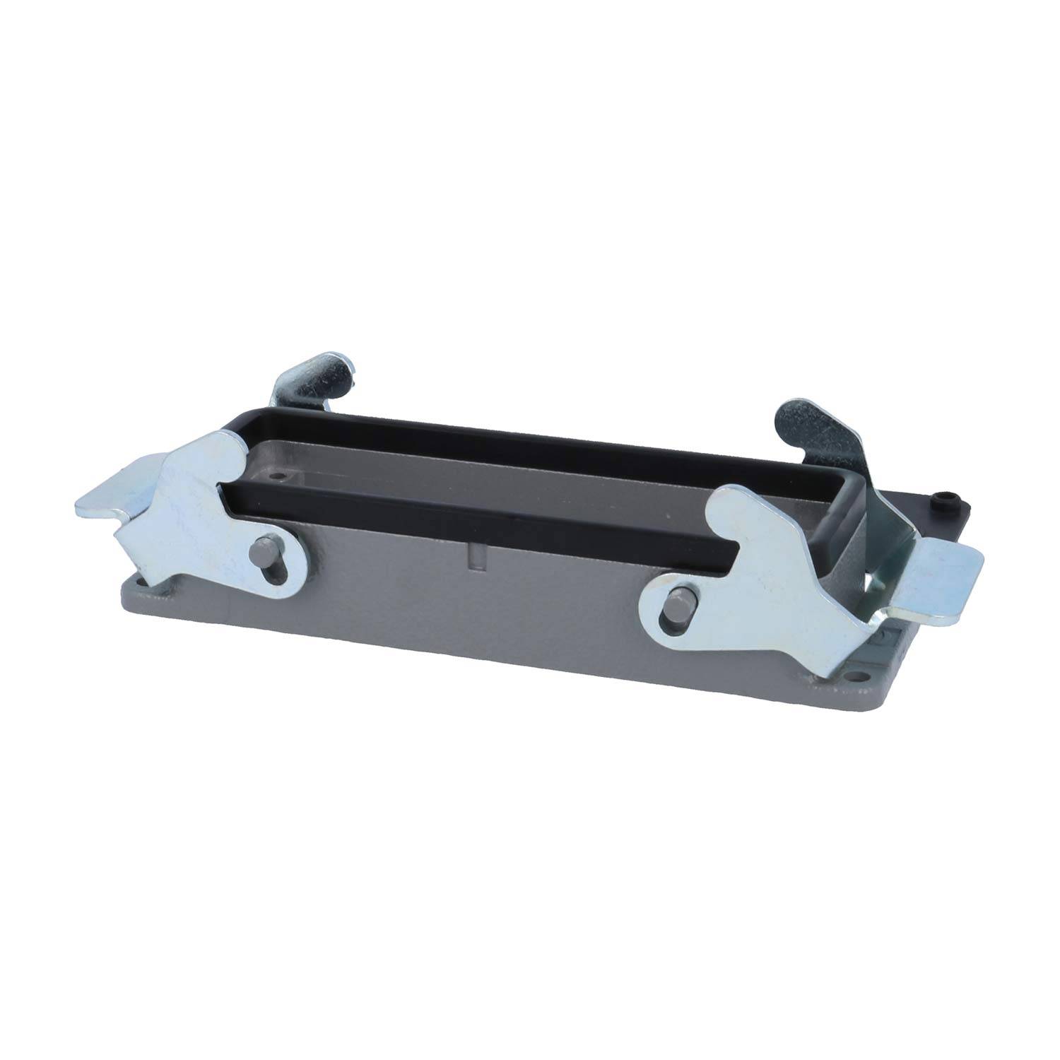 Eine rechteckige Metallmontagehalterung mit zwei Clips an jedem Ende, verwendet zum Befestigen von Komponenten, aus einem leicht erhöhten Blickwinkel betrachtet.