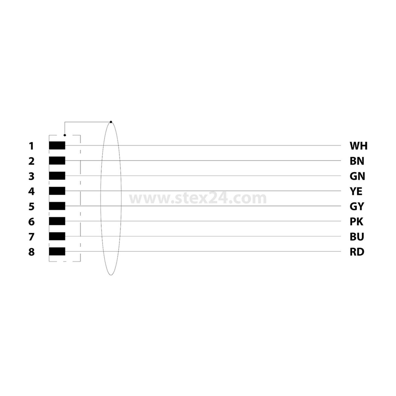 Verdrahtungsdiagramm mit Pinbelegung: 1-8 verbunden mit WH, BN, GN, YE, GY, PK, BU, RD in dieser Reihenfolge. stex24.com-Logo in der Mitte.
