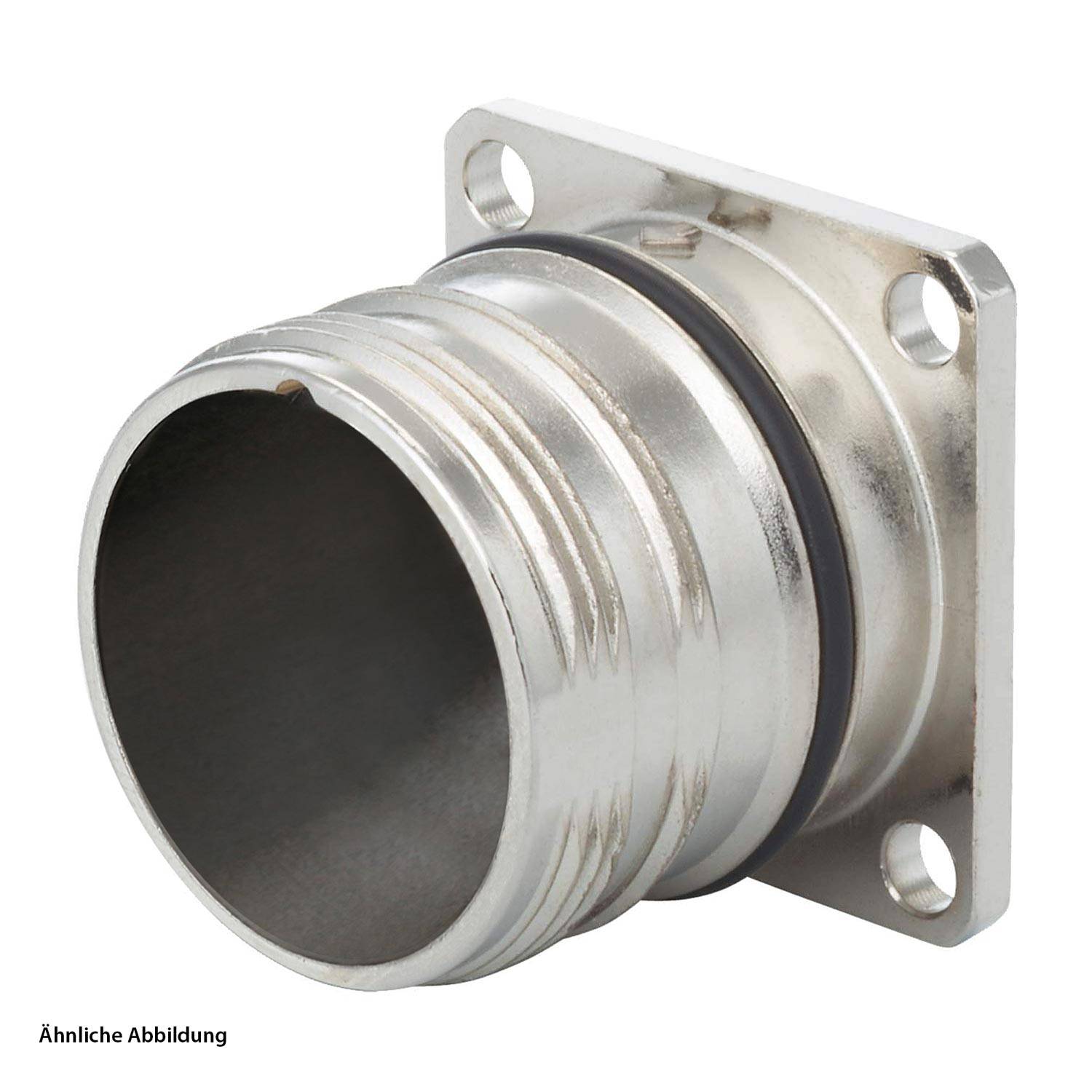 Ein zylindrischer Metallverbinder mit Gewinde und einer quadratischen Flansch, der vier Befestigungslöcher aufweist und häufig in industriellen Anwendungen verwendet wird.