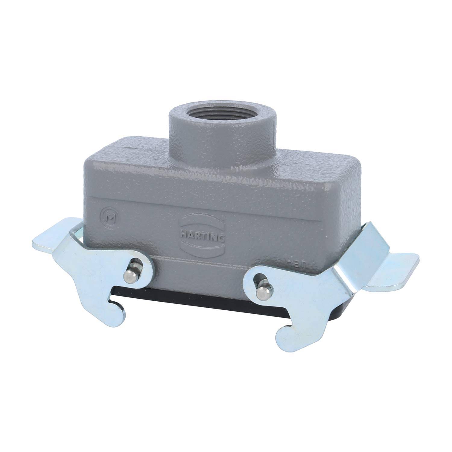 Ein grauer industrieller Leitungsknotenpunkt mit zwei Metallklemmen an beiden Seiten, konstruiert zum Anbringen an elektrischen Verteilerkästen oder Anschlussdosen.