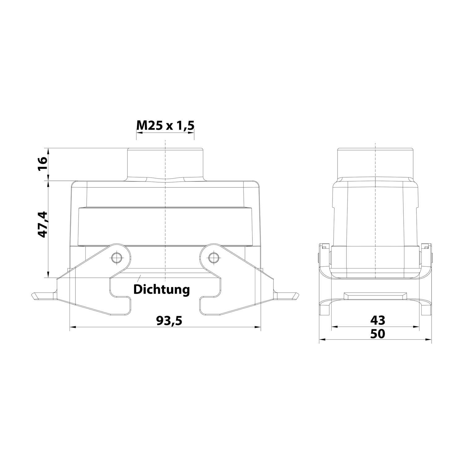 Technische Zeichnung einer Komponente mit Abmessungen: Breite 93,5 mm, Höhe 47,4 mm, Tiefe 50 mm. M25 x 1,5 Gewinde vermerkt.