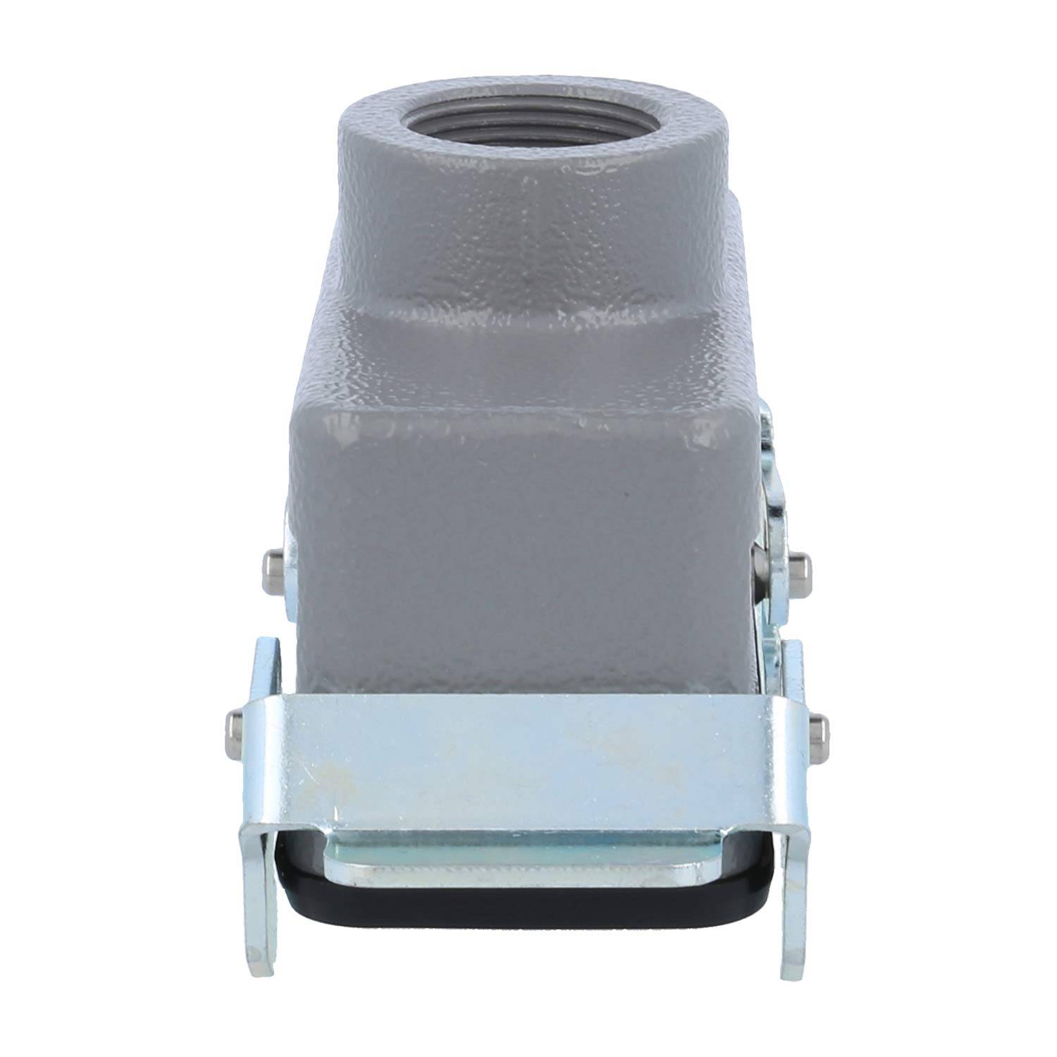 Ansicht eines grauen rechteckigen elektrischen Steckergehäuses mit Fokus auf die Vorderseite, mit einer verschraubten kreisförmigen Öffnung und Metalllaschen.