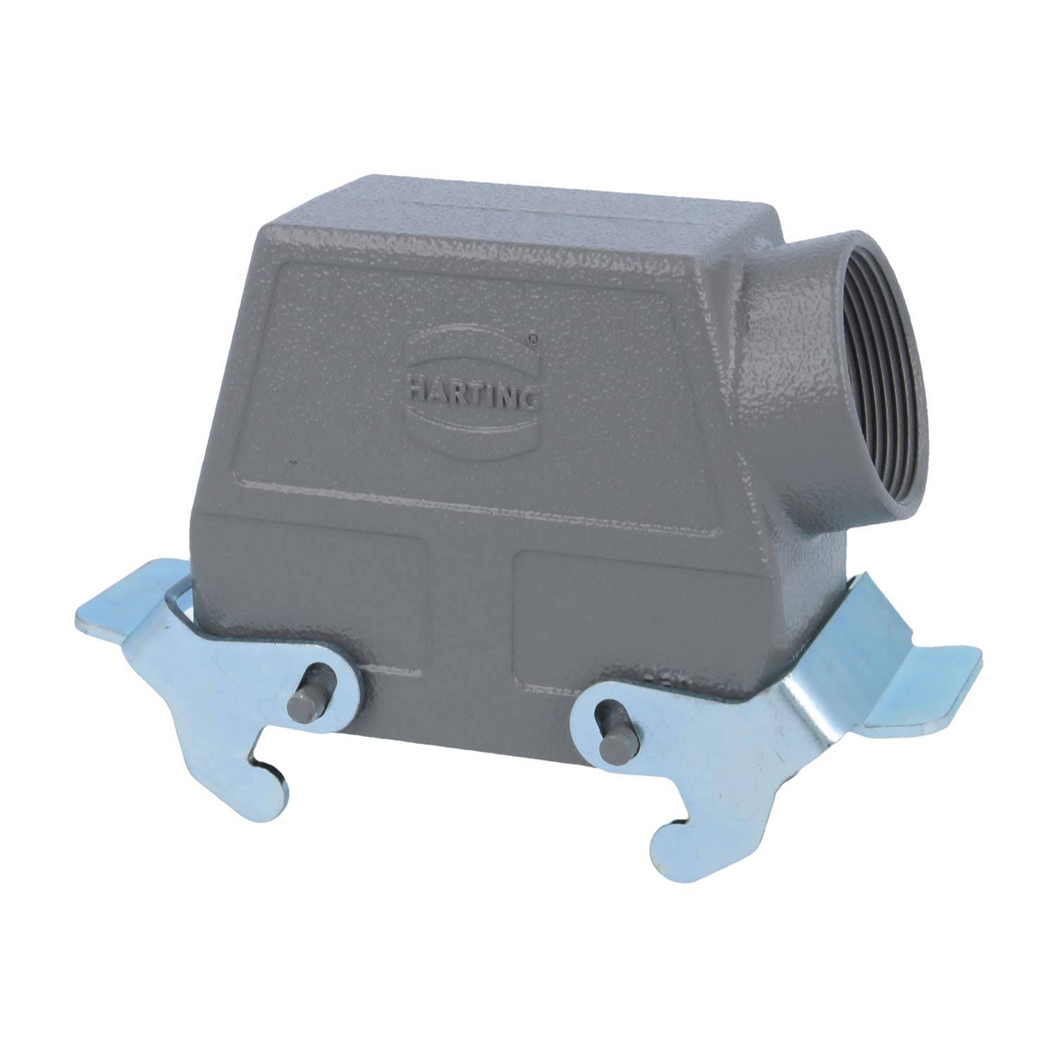 Ein grau-silbernes Harting-Industriesteckverbindergehäuse mit zwei metallischen Verriegelungshebeln an beiden Seiten, verwendet für sichere elektrische Verbindungen.