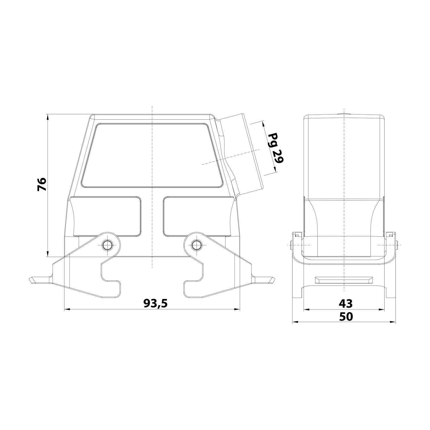 04300160531 HARTING Han 16B Tüllengehäuse hoch, 1xPG29 seitlicher Kabelabgang, mit 2 Querbügeln Verschraubung PG29