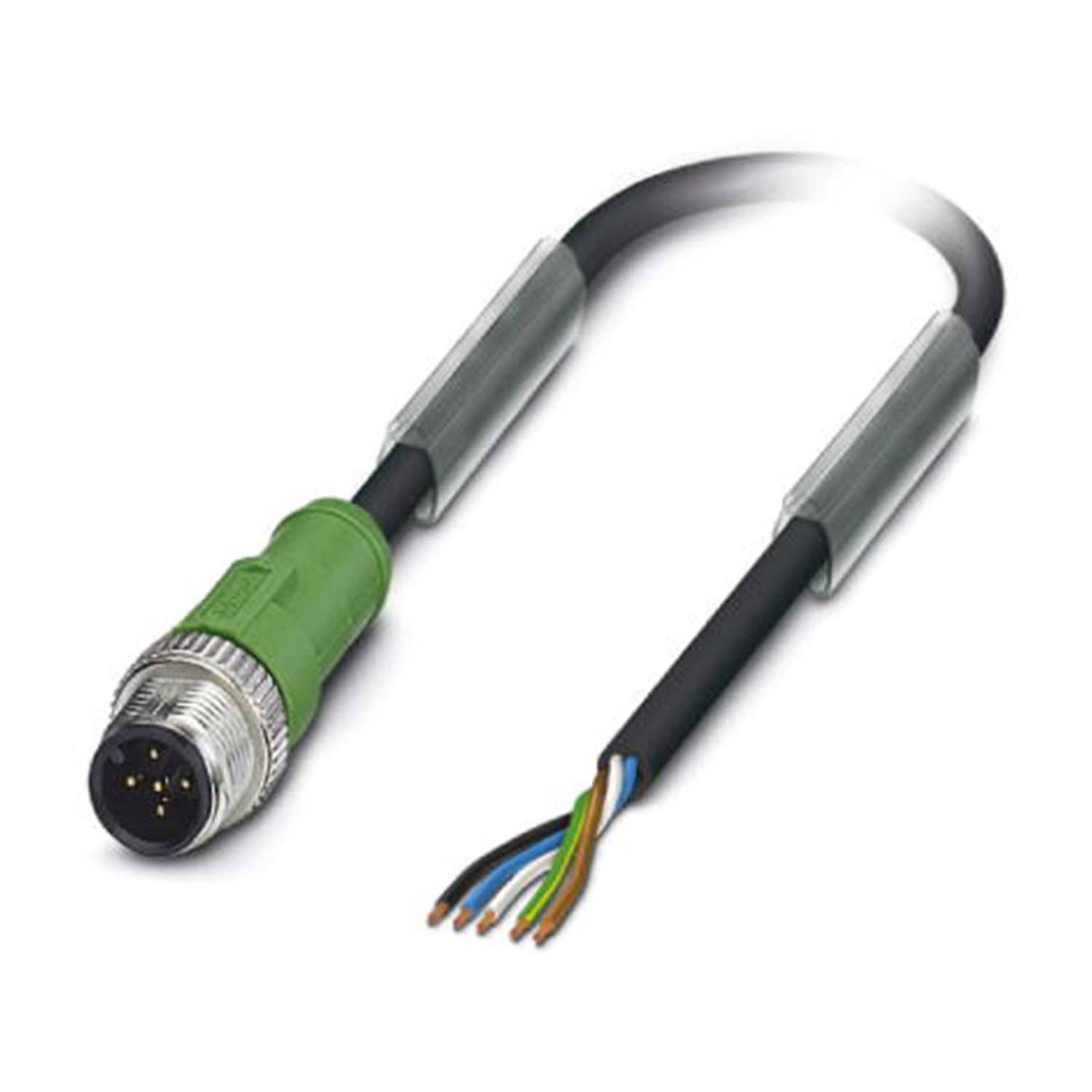 Ein grünes elektrisches Kabel mit einem kreisförmigen Anschluss an einem Ende und freiliegenden farbigen Drähten am anderen Ende, das für industrielle Anwendungen verwendet wird.