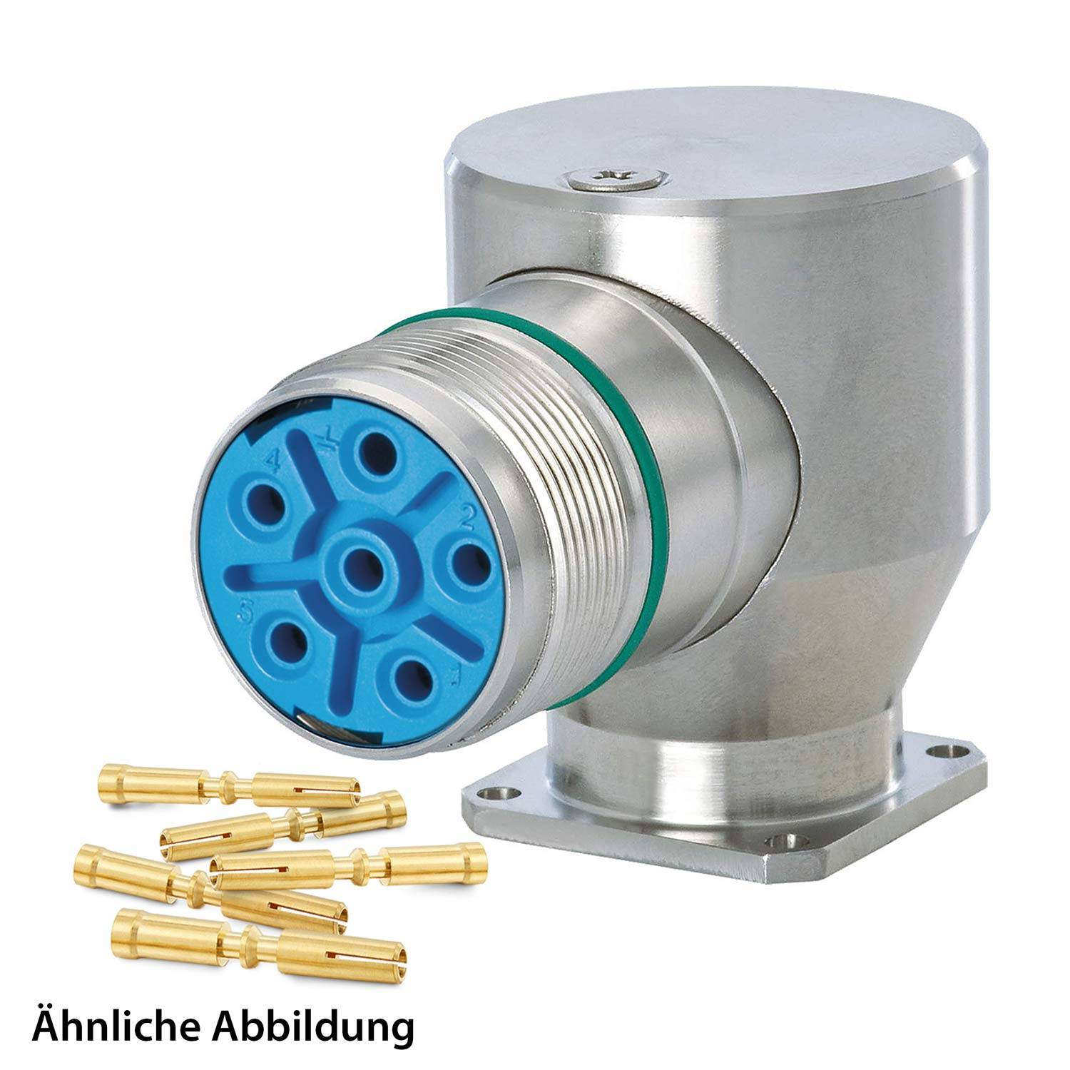 Ein Metallverbinder mit blauer Einlage und mehreren Goldpins, verwendet für industrielle oder technische Anwendungen. Text lautet 'Ähnliche Abbildung'.