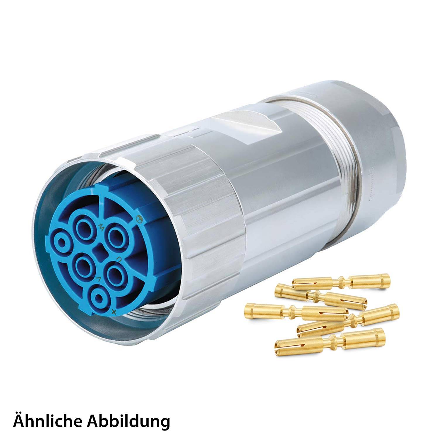 Metallstecker-Verbinder mit blauem Innenraum, der mehrere kreisförmige Buchsen aufweist. Mehrere kleine Goldstecker sind in der Nähe platziert.