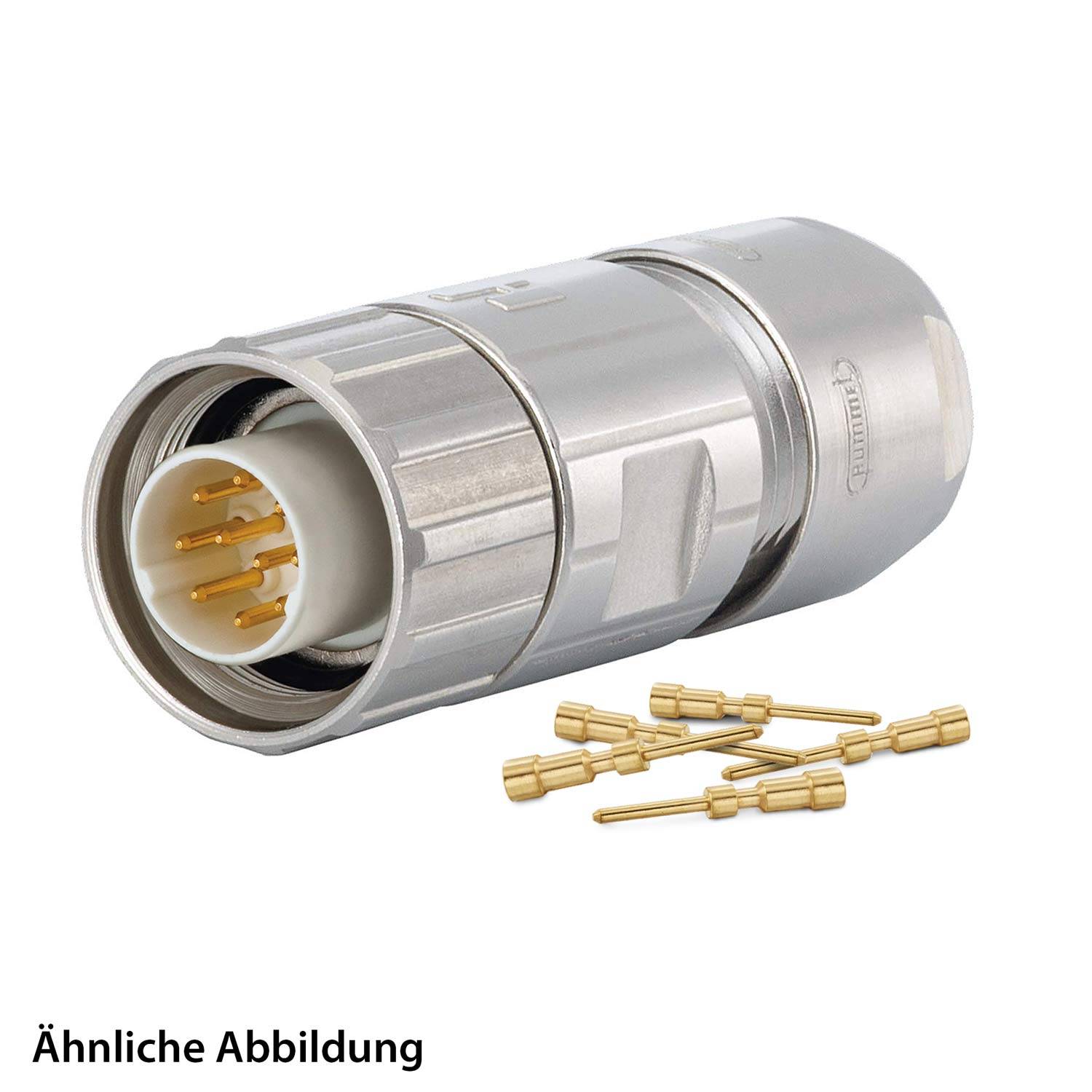 Ein metallischer kreisförmiger Anschluss, teilweise geöffnet und goldene Stifte im Inneren freilegend, mit zusätzlichen Stiften daneben auf weißem Hintergrund.