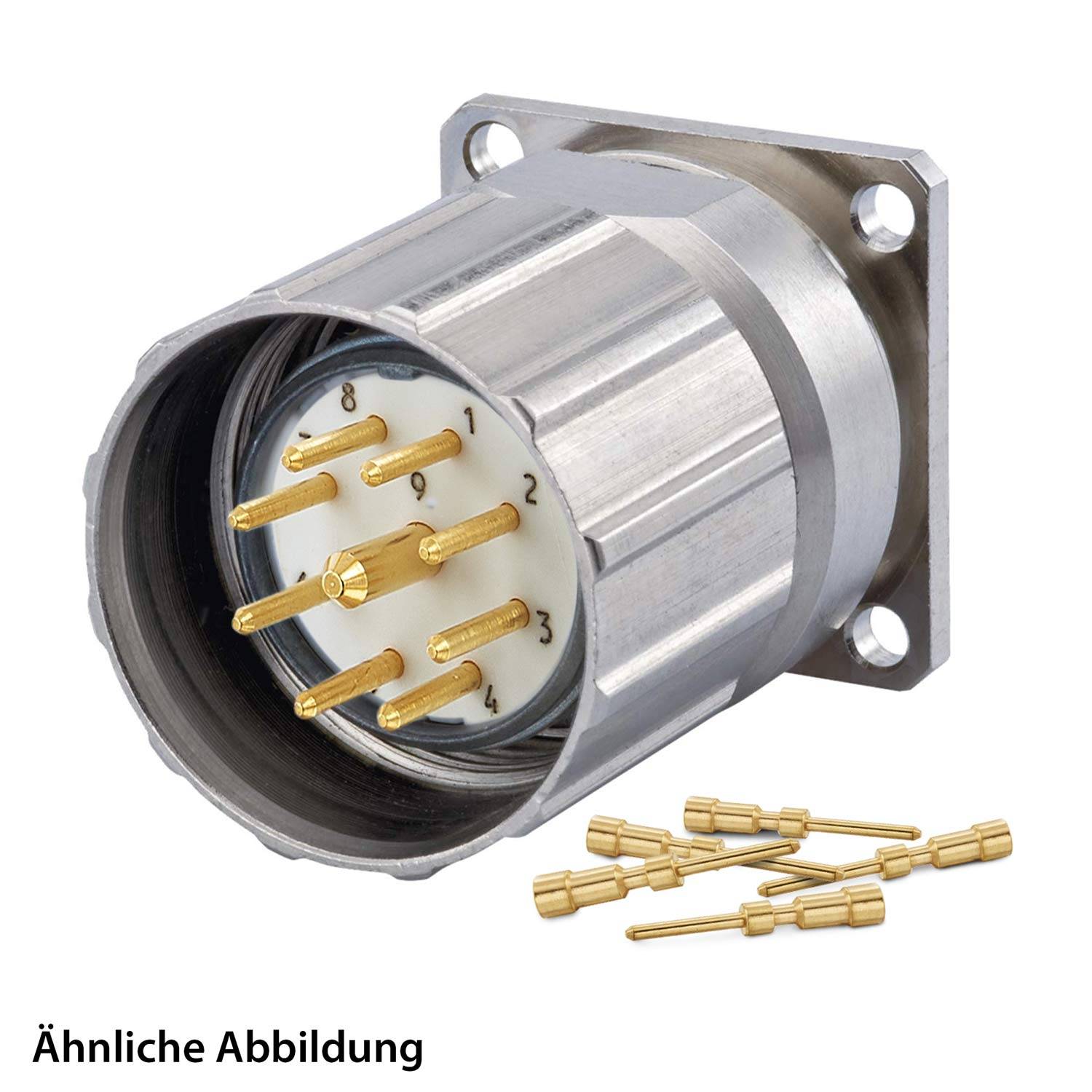 Ein zylindrischer Metallverbinder mit sichtbaren nummerierten Goldstiften, der für elektrische Verbindungen verwendet wird. Text 'Ähnliche Abbildung' deutet auf ein ähnliches Bild hin.