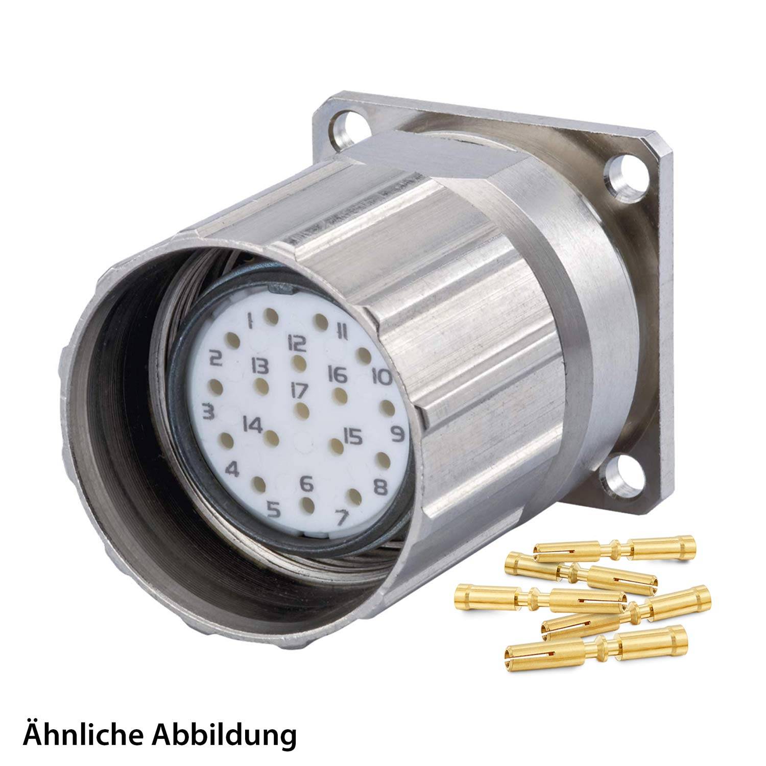 Ein metallischer Mehrfach-Pin-Elektroanschluss mit Zahlen, die die Pinpositionen anzeigen, zusammen mit mehreren kleinen Goldpins.