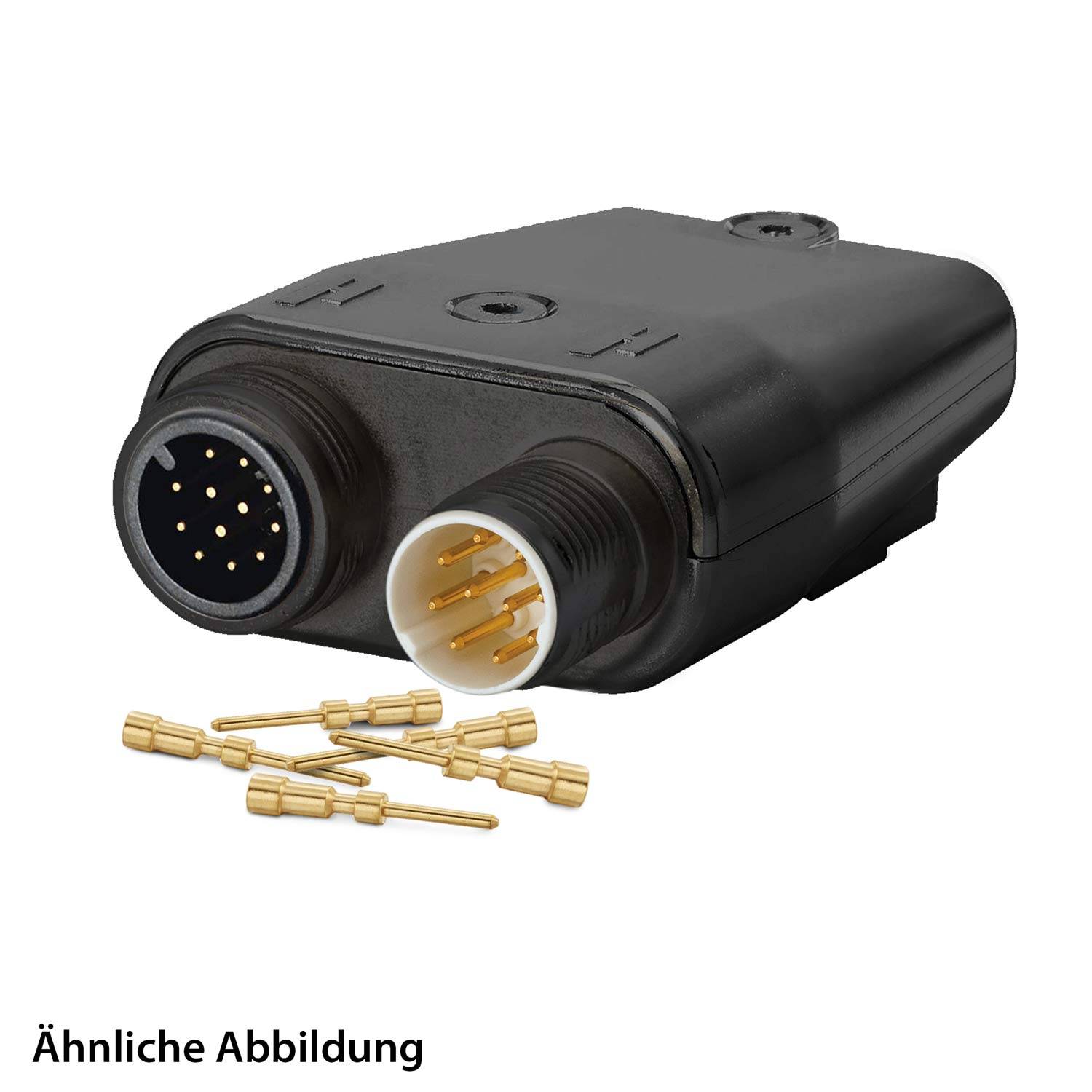 Ein schwarzer elektronischer Steckverbinder mit mehreren Pins und Buchsen, dargestellt mit einigen abgelösten goldenen Pins in der Nähe.