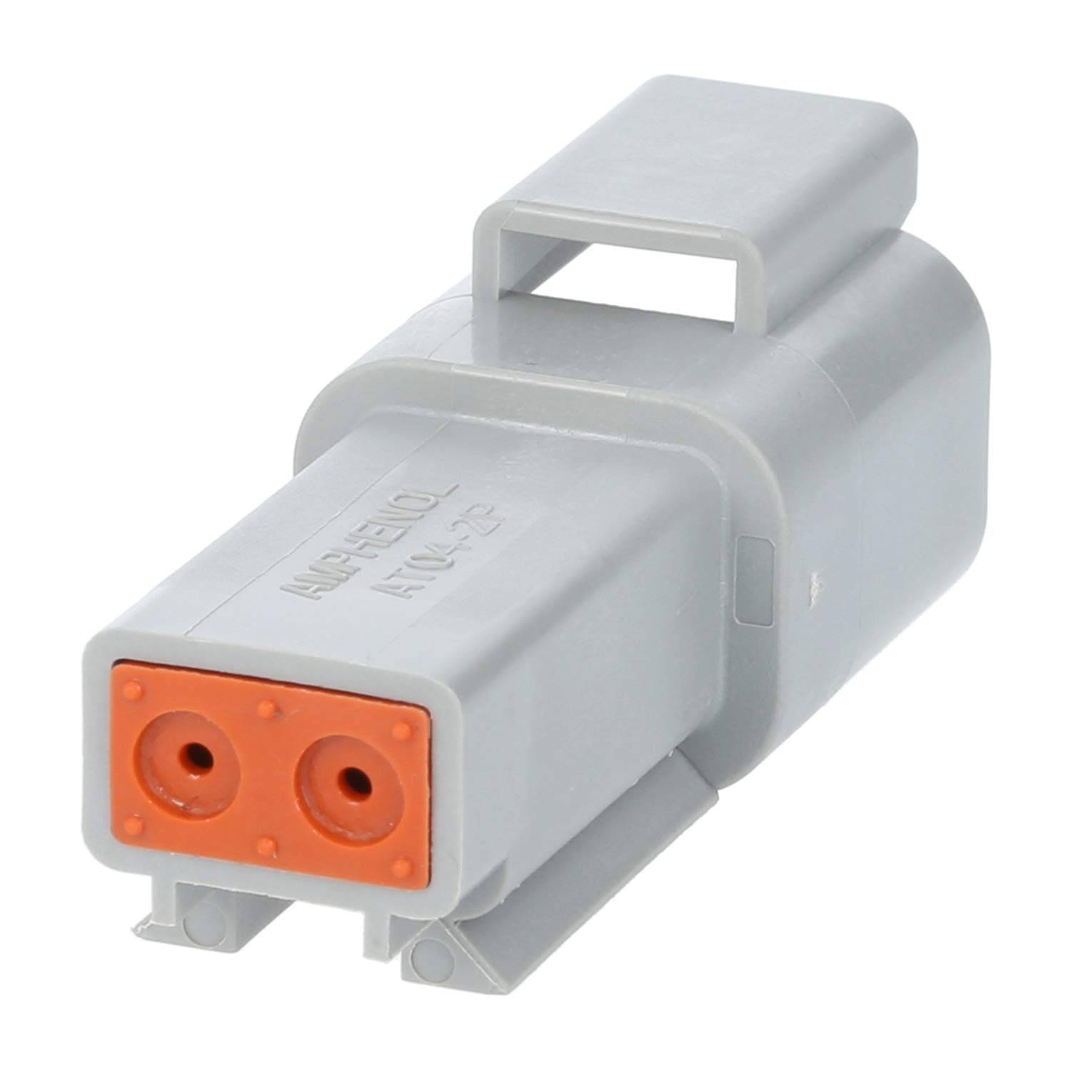 Eine Nahaufnahme eines grauen elektrischen Steckverbinders mit zwei orangefarbenen Anschlüssen, die für eine sichere Kabelanbindung in elektronischen Geräten konzipiert sind.