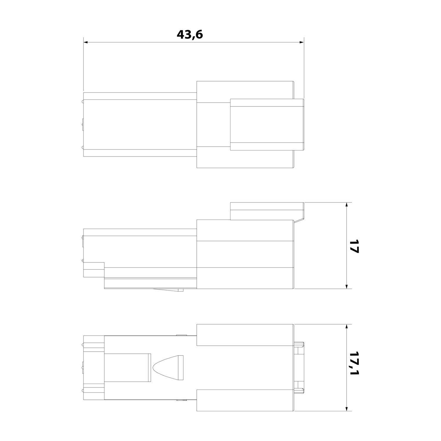 Technische Zeichnung mit dimensionierten Ansichten eines mechanischen Bauteils, wobei Maße von 43,6, 17 und 17,1 Einheiten auf verschiedenen Perspektiven beschriftet sind.