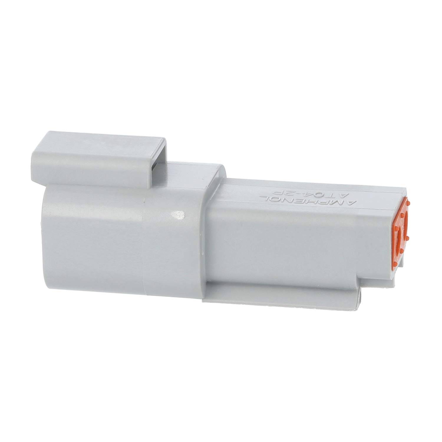 Ein grauer und orangefarbener Kunststoff-Elektroverbinder mit rechteckiger Form, der zum Verbinden von Drähten in elektronischen Systemen verwendet wird.