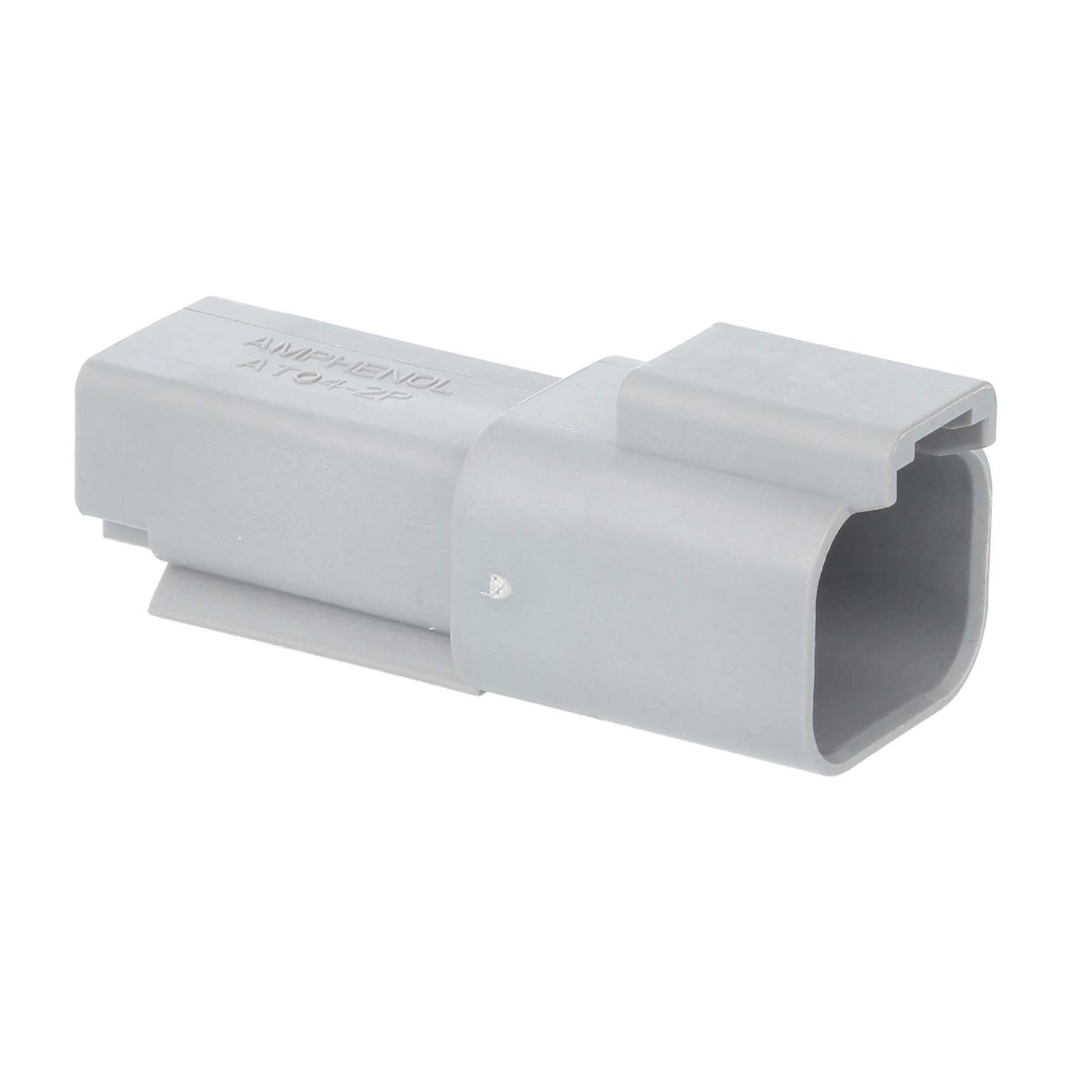 Ein grauer elektrischer Steckverbinder in rechteckiger Form mit der Aufschrift 'AMPHENOL' auf der Oberseite, entwickelt für sichere Kabelverbindungen.