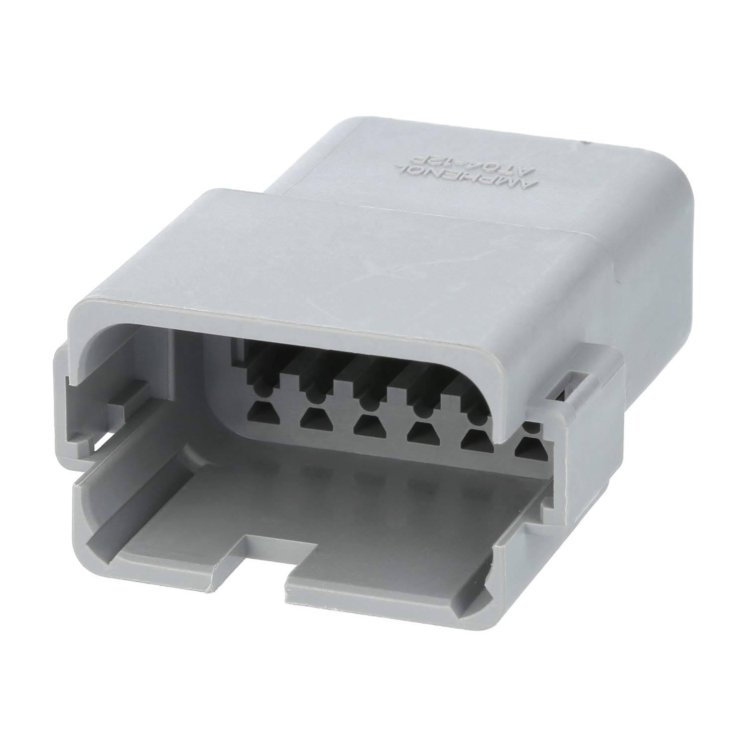 Ein grauer elektrischer Steckverbinder mit mehreren Anschlüssen, der für automotive oder elektronische Anwendungen entwickelt wurde.