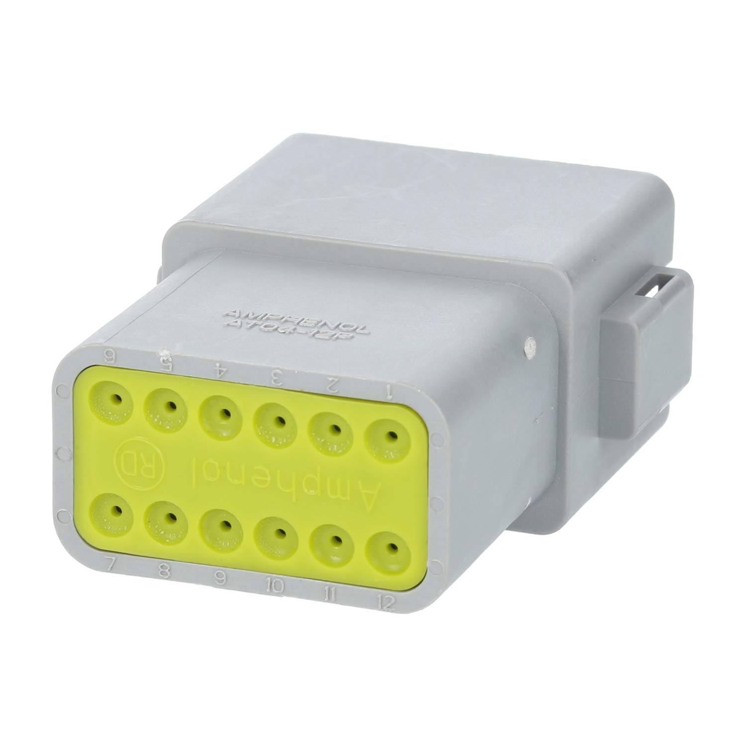 Ampheconnect' rechteckiger elektrischer Anschlussstecker, grau mit gelber Frontfläche, mit mehreren kreisförmigen Pinöffnungen für elektrische Verbindungen.