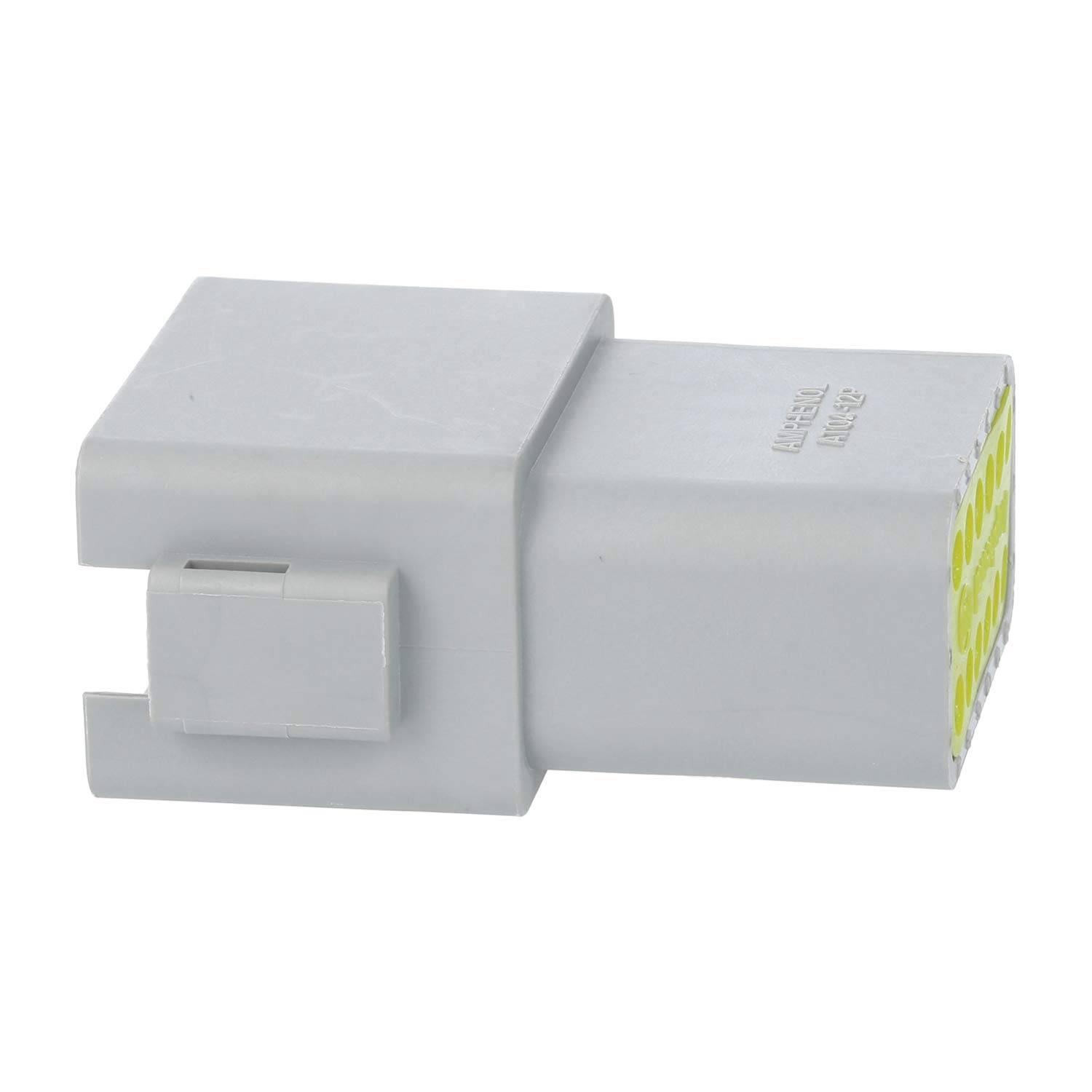 Ein grauer elektrischer Verbinder mit mehreren gelben Kontaktstiften, der zum Anschluss von Leitungen in elektronischen Geräten oder Fahrzeugen verwendet wird.