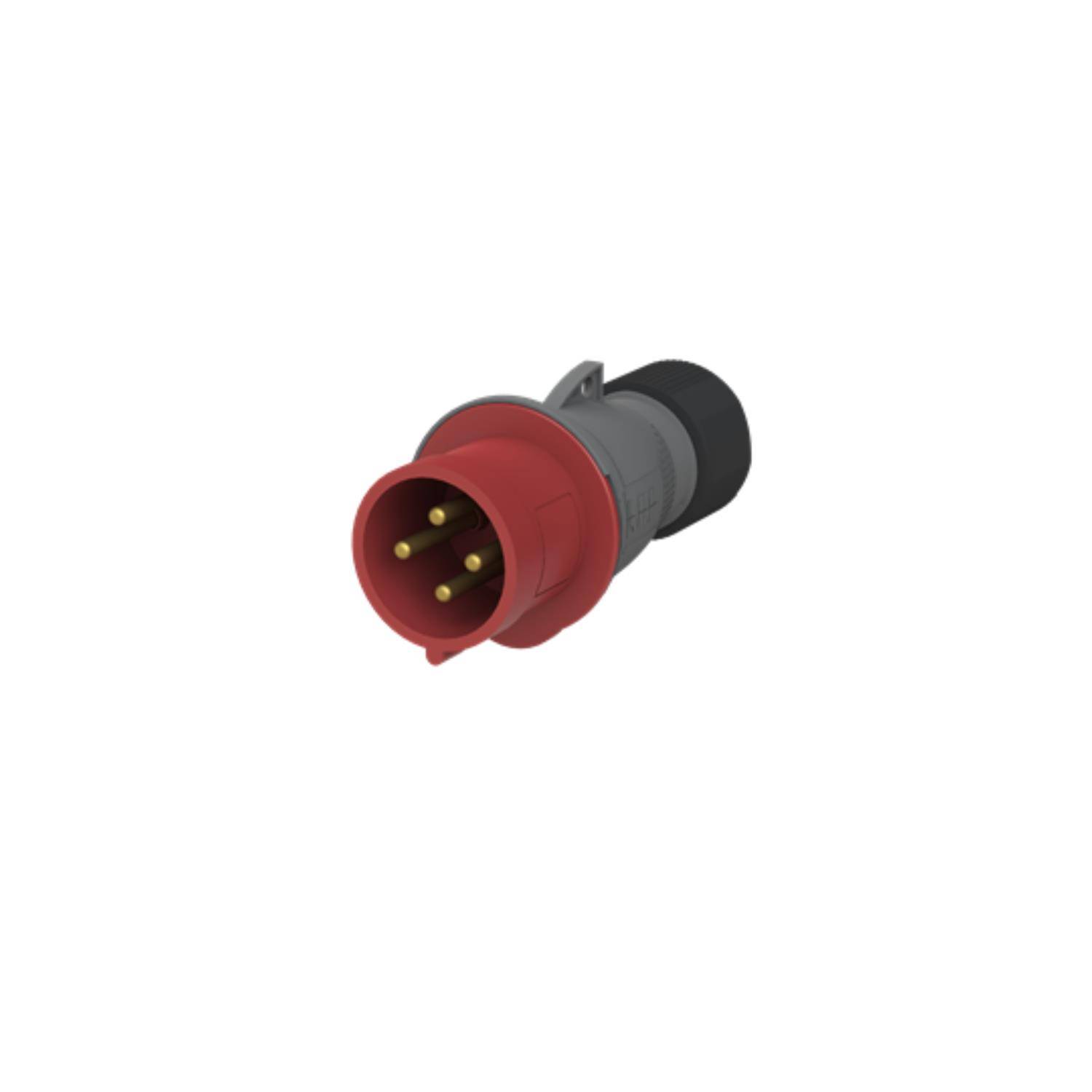Ein roter und grauer industrieller Elektrostecker mit mehreren Kontaktstiften zum Anschluss von schwerlastfähiger Ausrüstung.