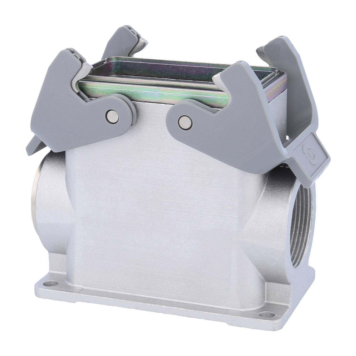 Silbernes Metallverbindergehäuse mit zwei grauen Klappverriegelungen oben, entwickelt für sichere Kabelverbindungen.